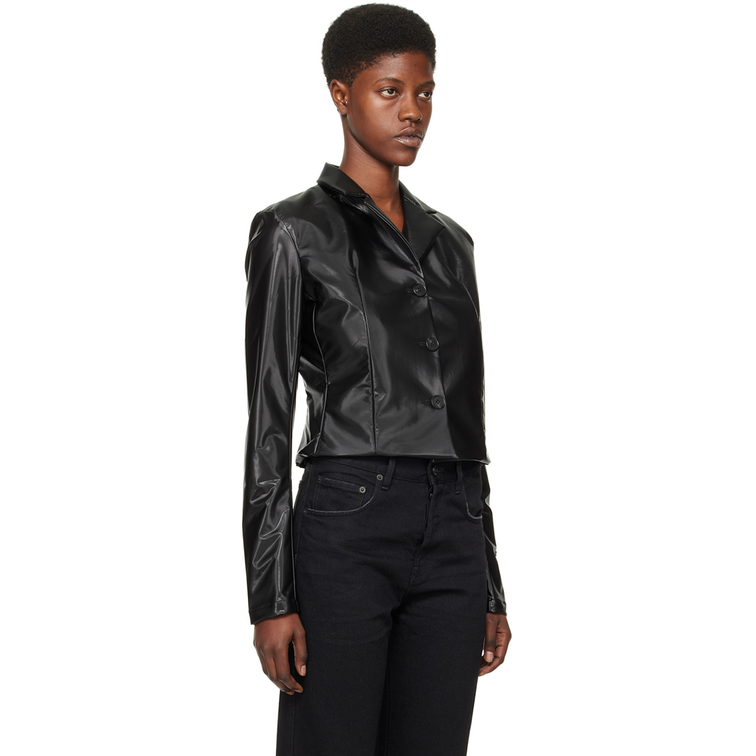  032c Black Trapeze Faux-leather Blazer 