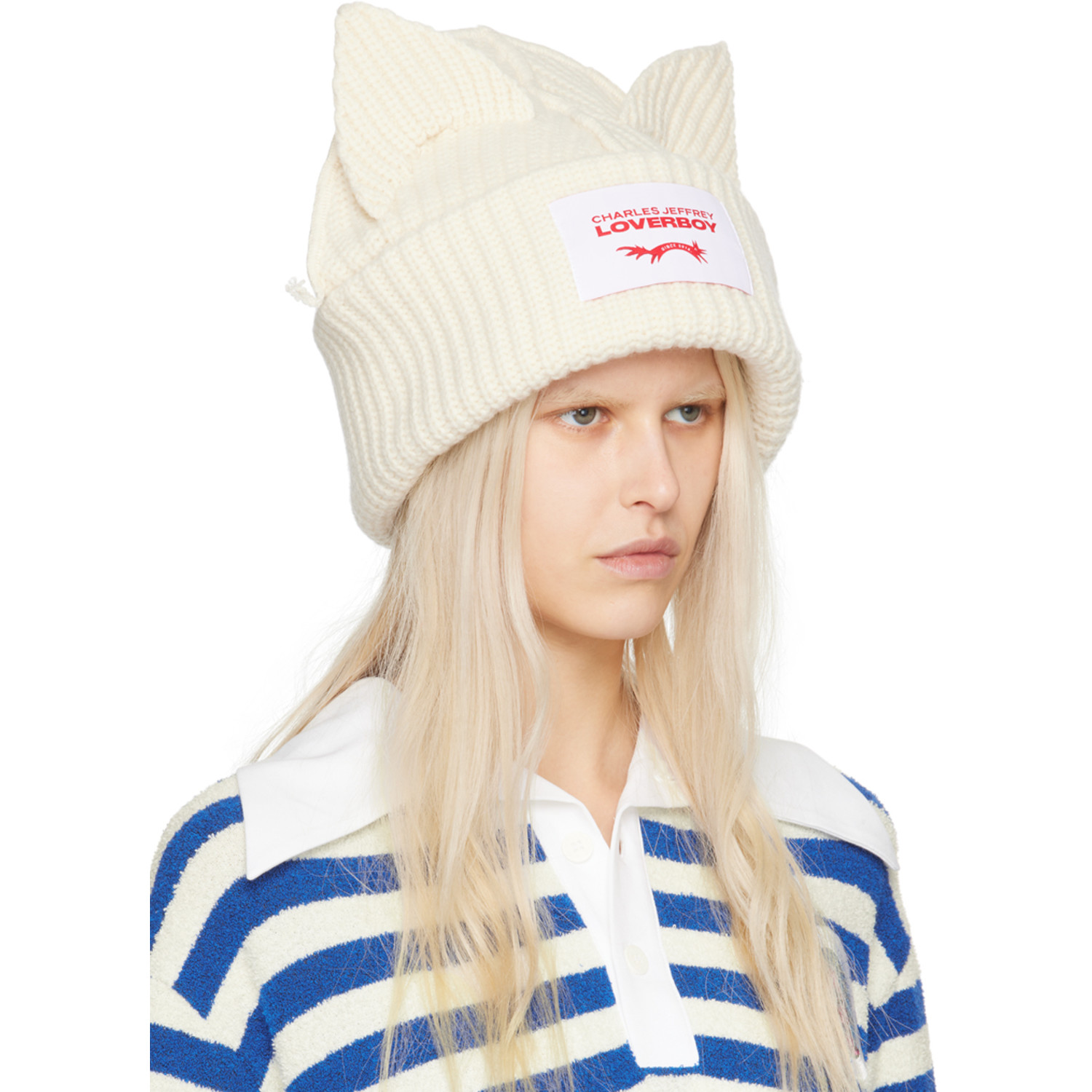  Charles Jeffrey Loverboy Bonnet épais Surdimensionné Blanc Cassé à Appliqués à Oreille Exclusif à Ssense 