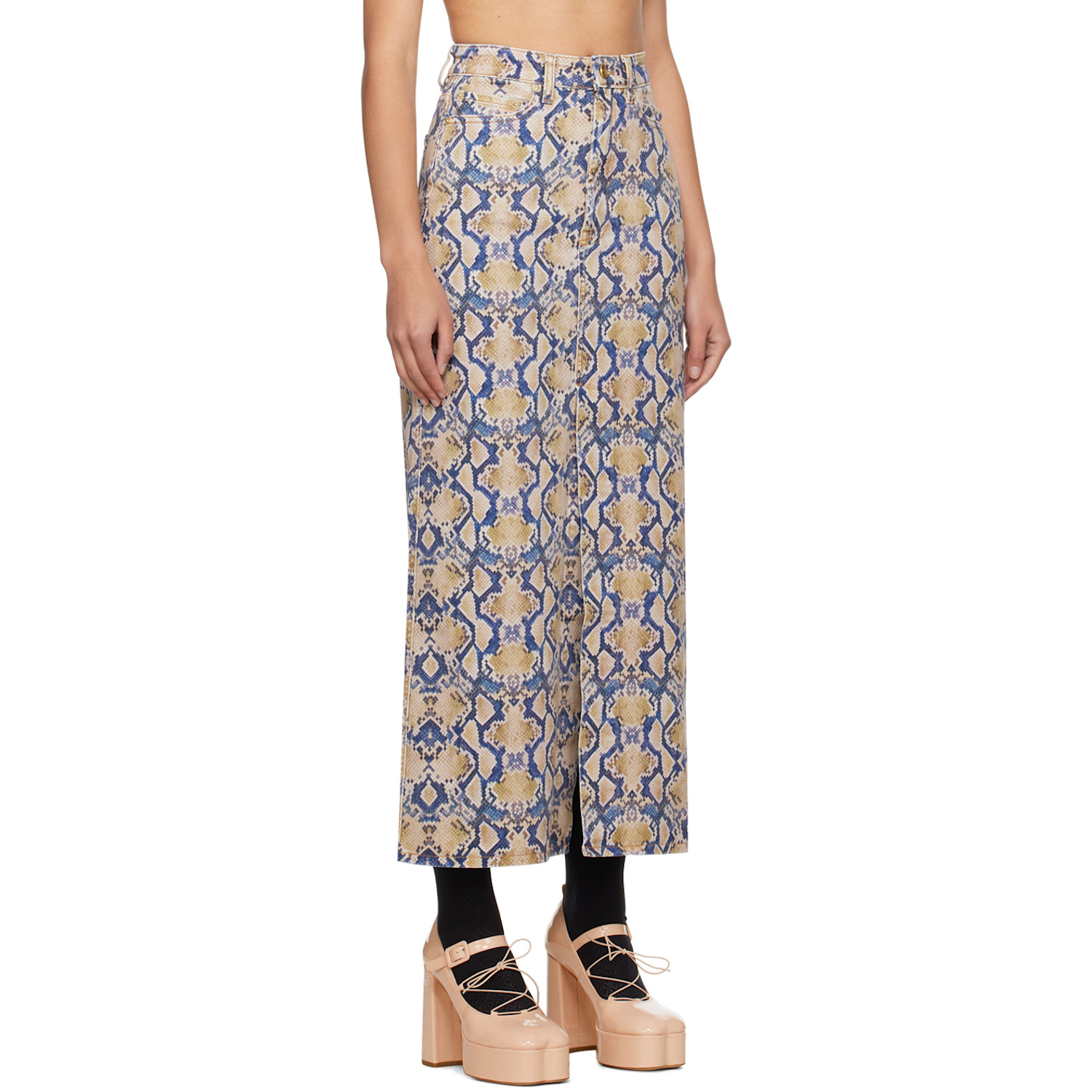  Ganni Blue & Yellow Snake Printed Denim Maxi Skirt 