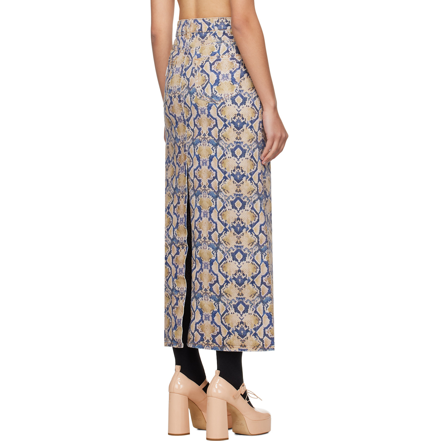 Ganni Blue & Yellow Snake Printed Denim Maxi Skirt 