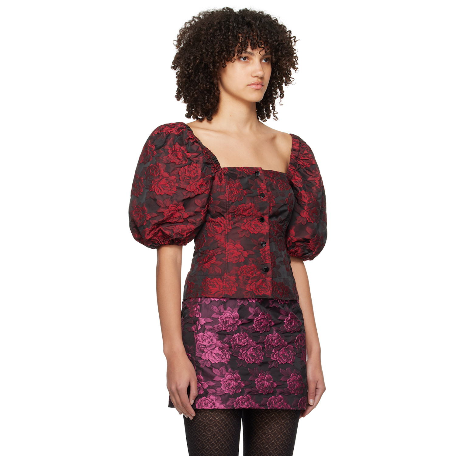  Ganni Black & Red Botanical Jacquard Blouse 