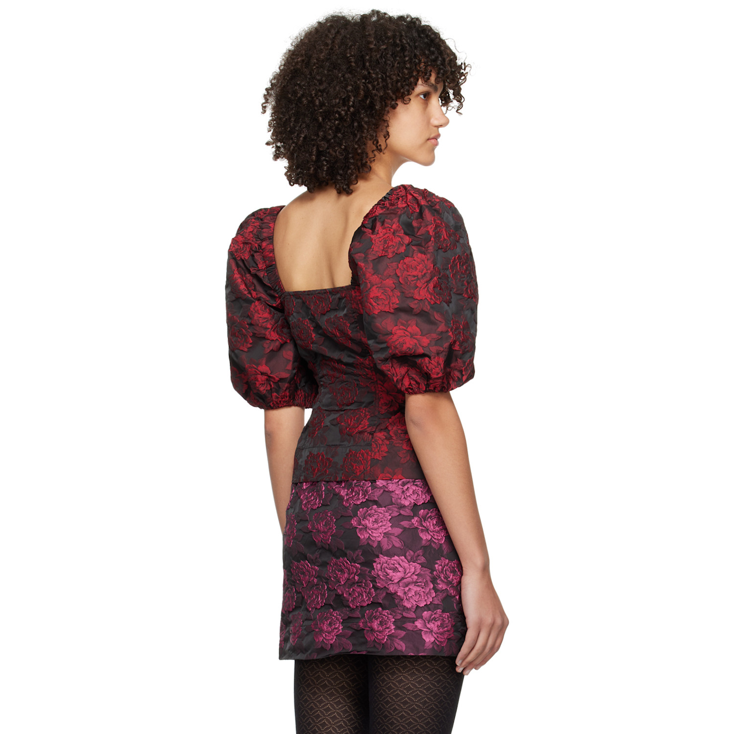  Ganni Black & Red Botanical Jacquard Blouse 