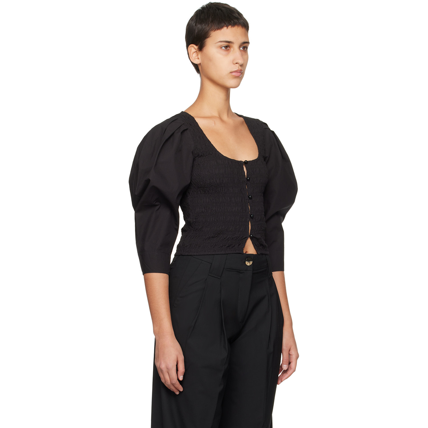  Ganni Black Smocked Blouse 