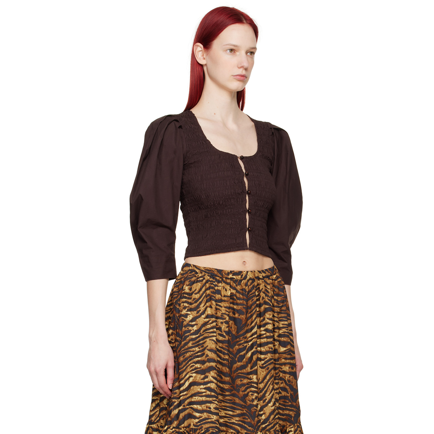  Ganni Brown Smocked Blouse 