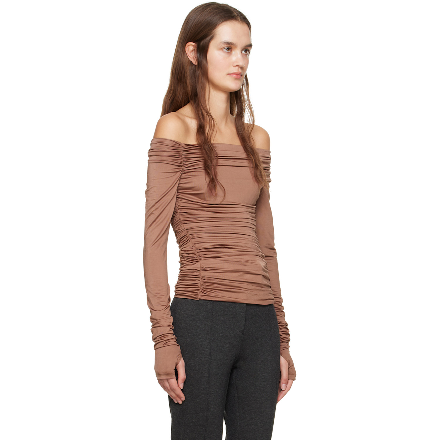  Helmut Lang Brown Ruched Long Sleeve T-shirt 