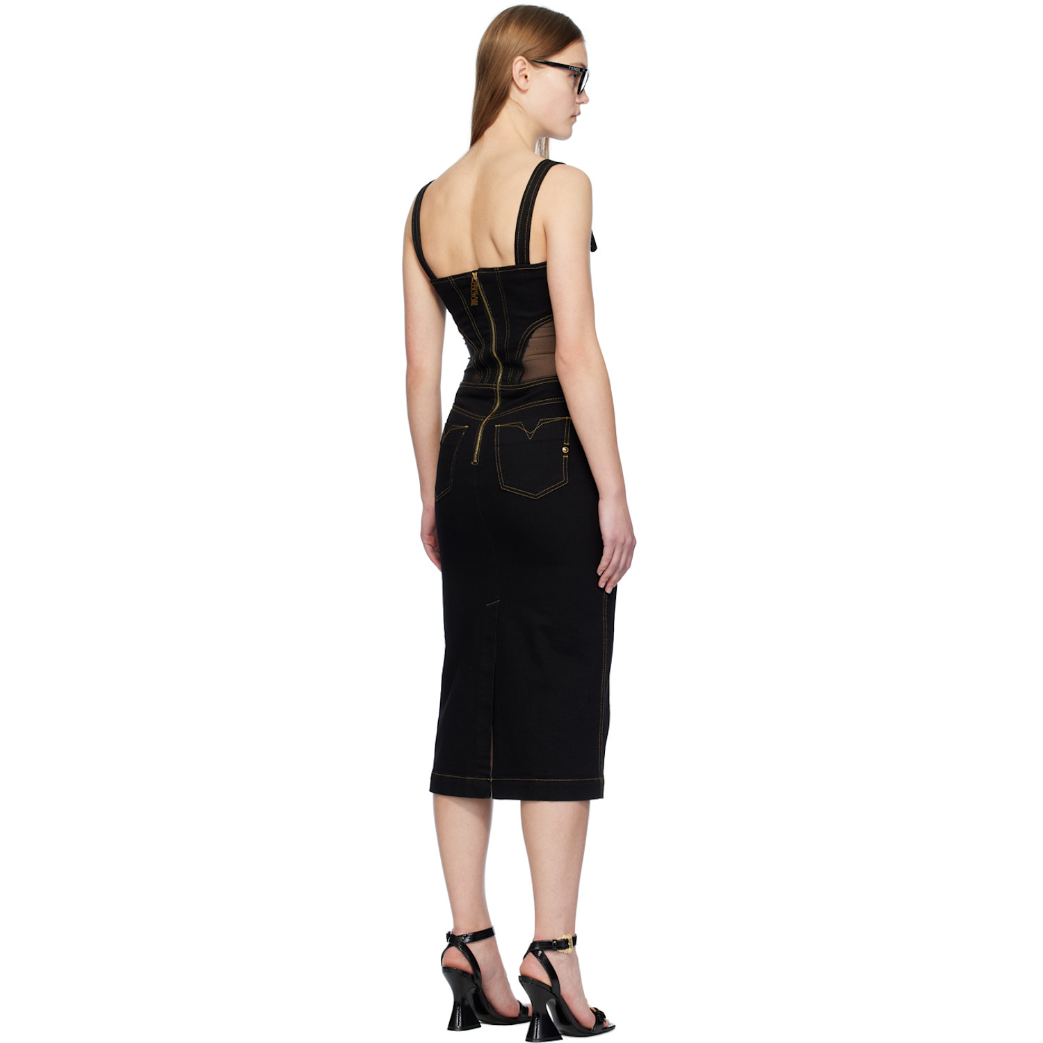  Versace Jeans Couture Black Baroque Buckle Denim Midi Dress 