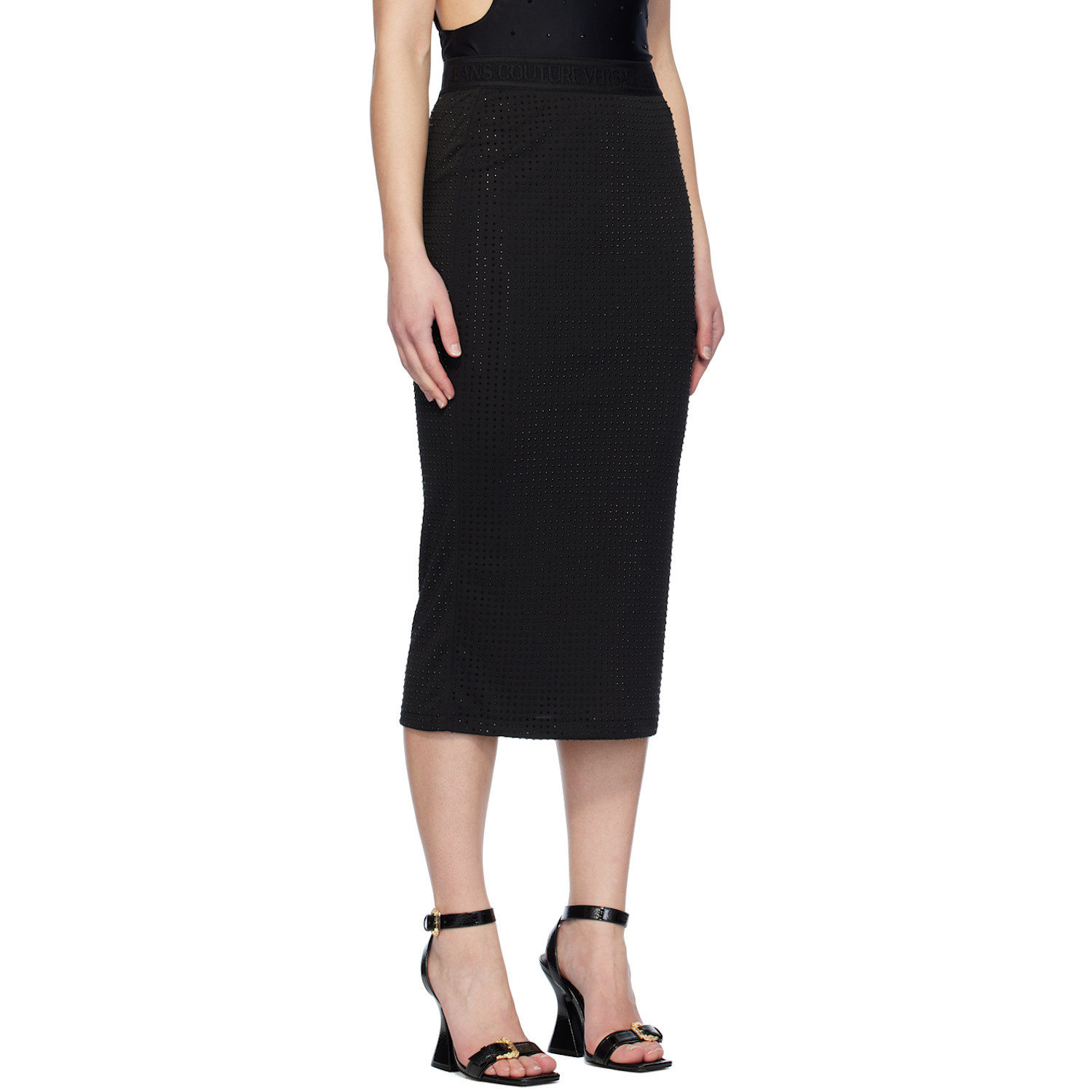  Versace Jeans Couture Black Crystal-cut Midi Skirt 