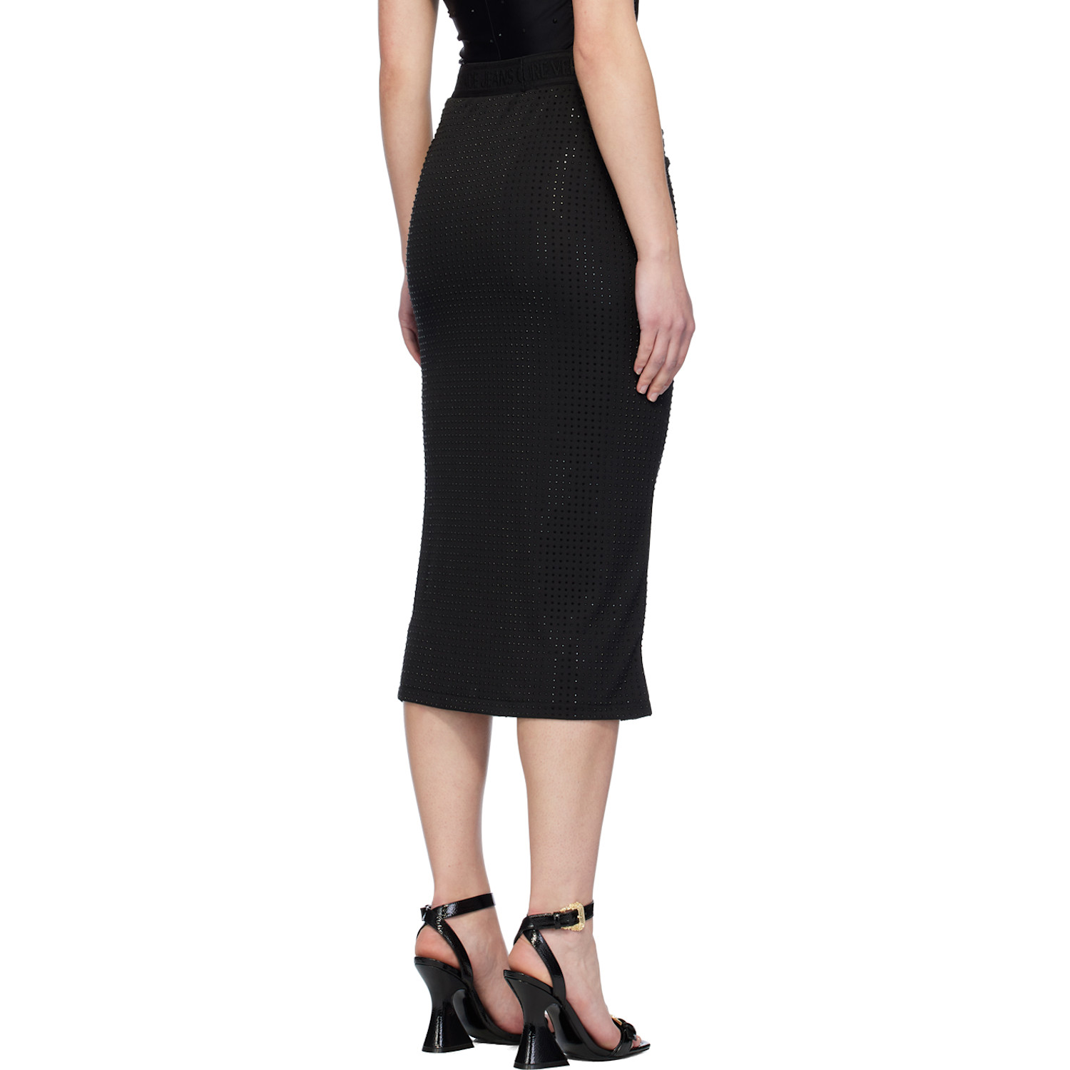  Versace Jeans Couture Black Crystal-cut Midi Skirt 