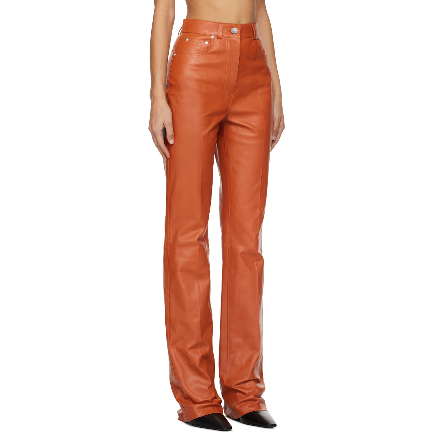  Ferragamo Orange Five-pocket Leather Pants 