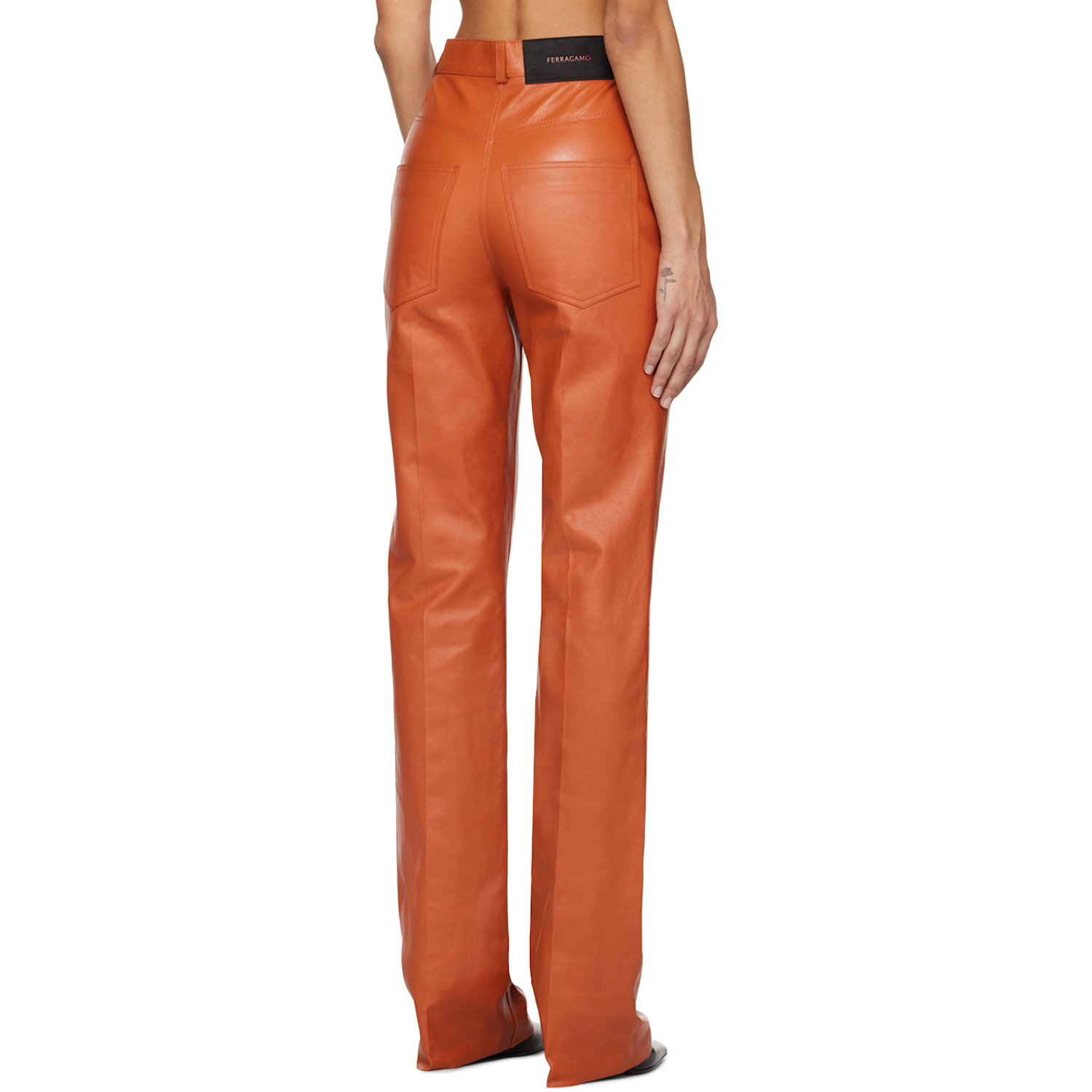  Ferragamo Orange Five-pocket Leather Pants 