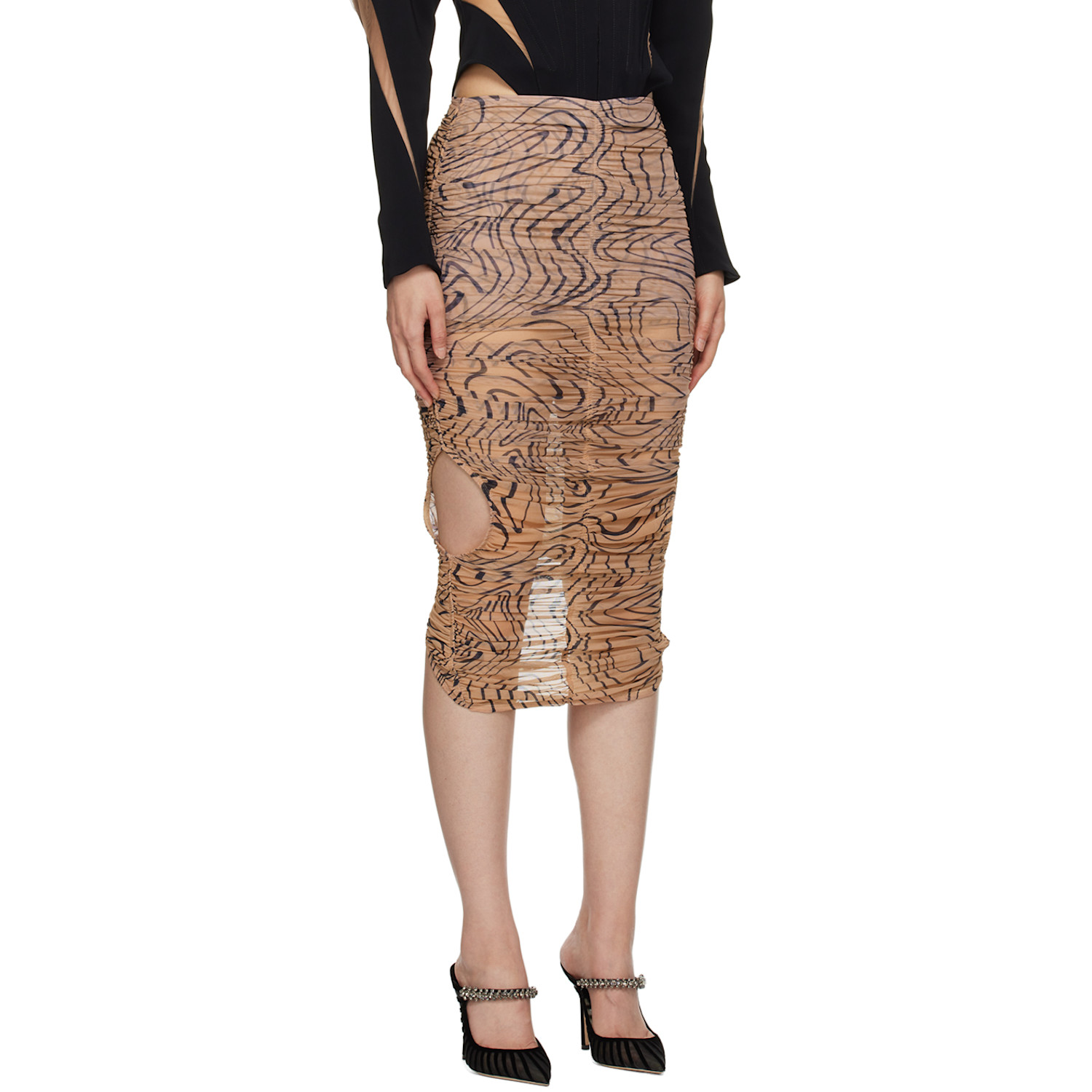  Mugler Tan Draped Midi Skirt 