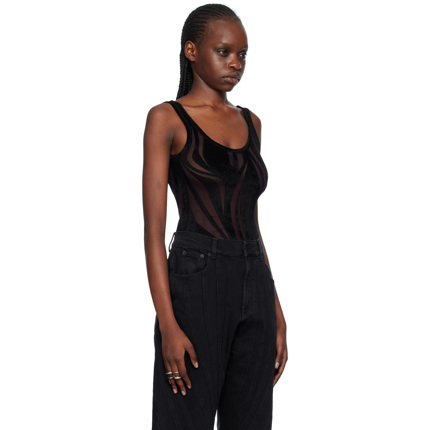  Mugler Black Flocked Bodysuit 