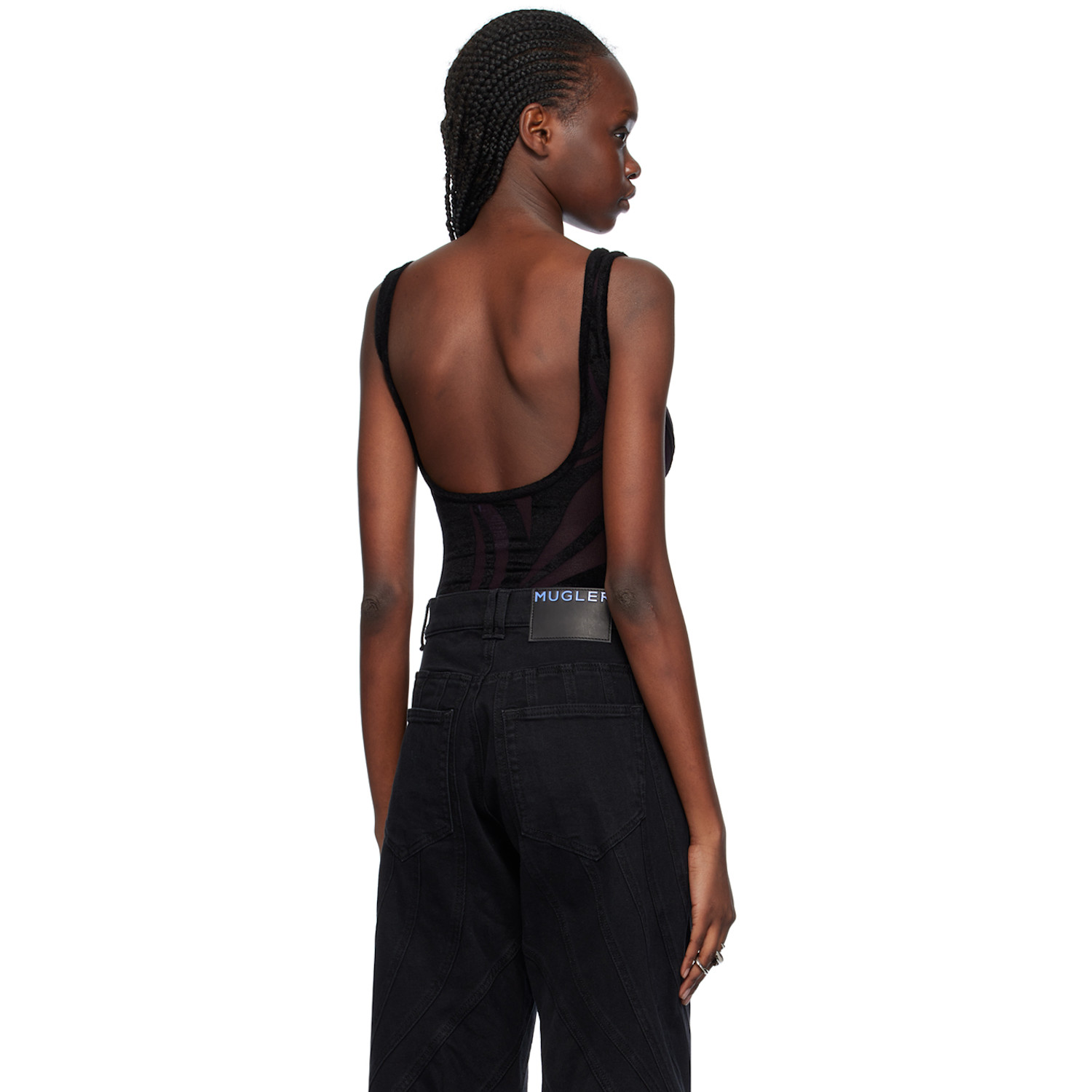  Mugler Black Flocked Bodysuit 