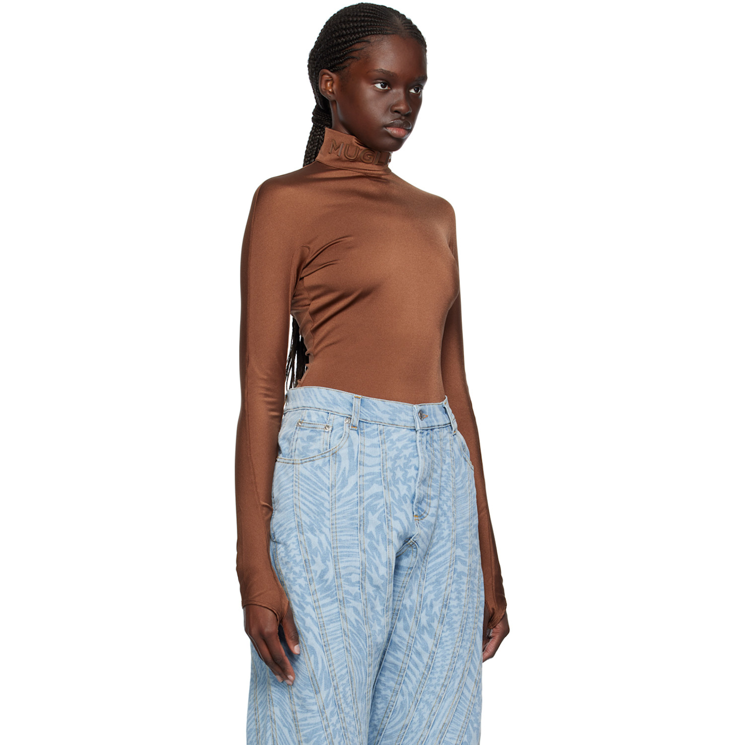  Mugler Brown Mock Neck Bodysuit 