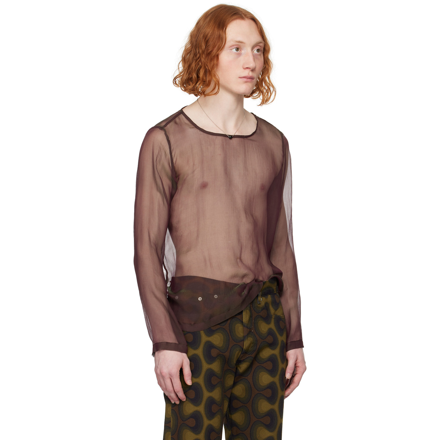  Dries Van Noten Burgundy Sheer Long Sleeve T-shirt 