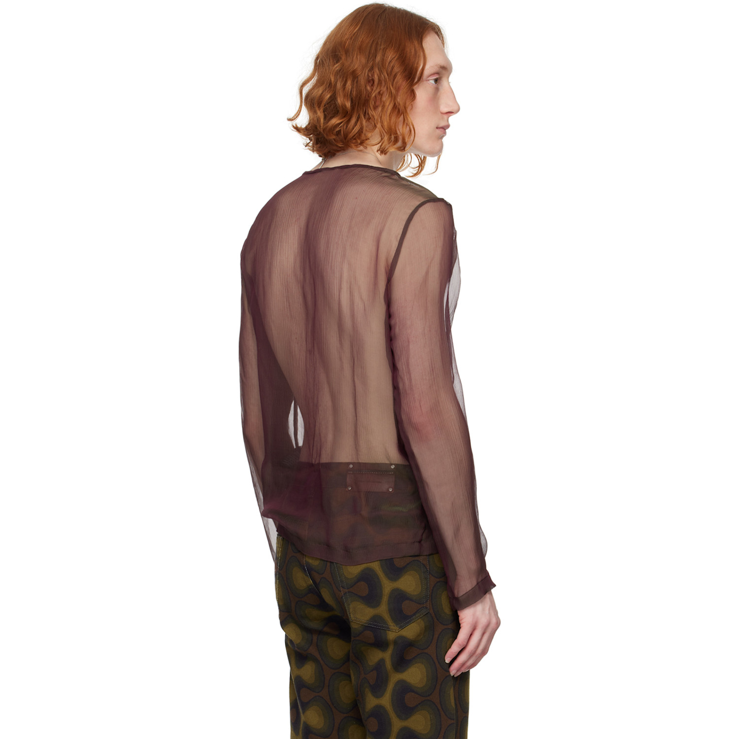  Dries Van Noten Burgundy Sheer Long Sleeve T-shirt 