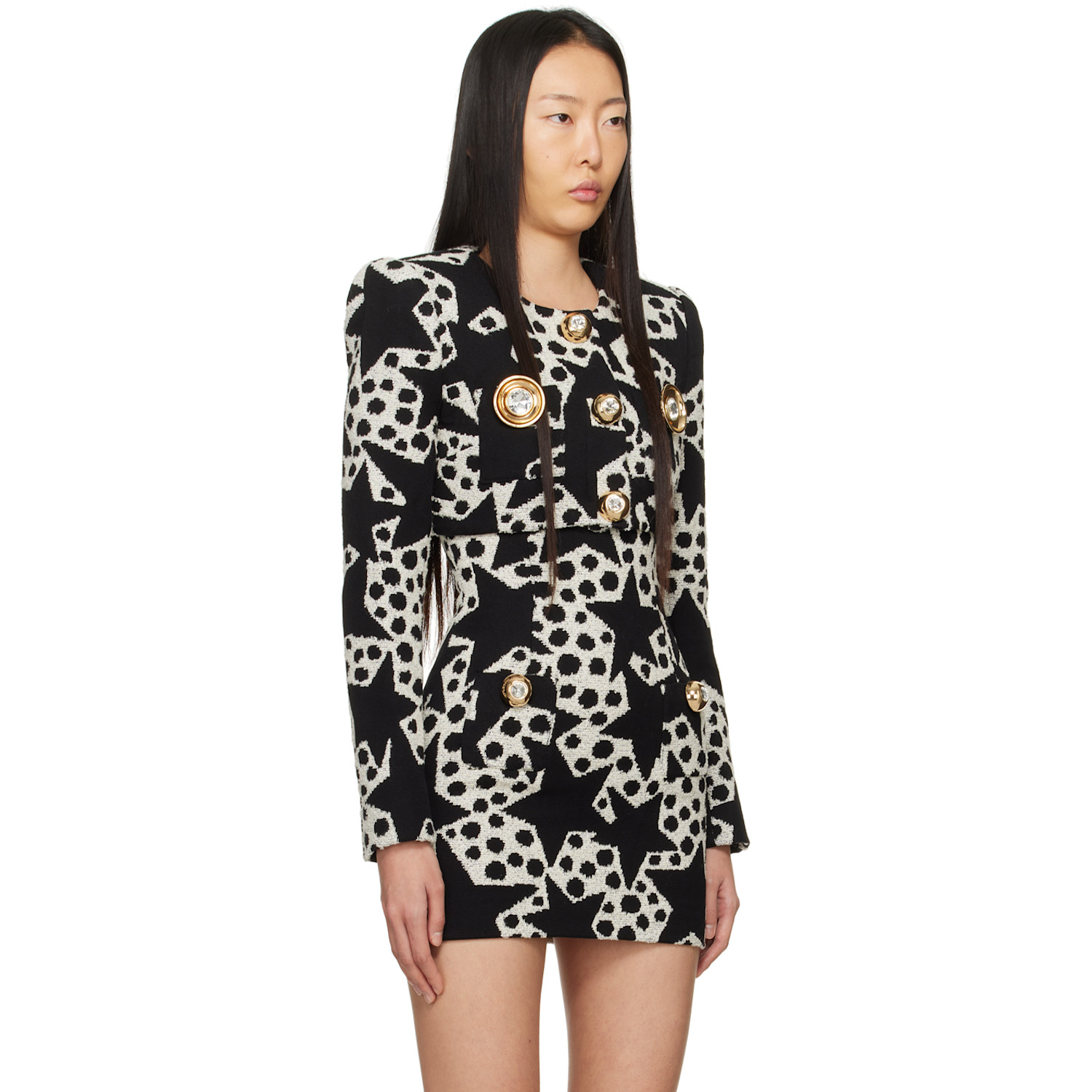  Area Black & Off-white Crystal Medallion Blazer 