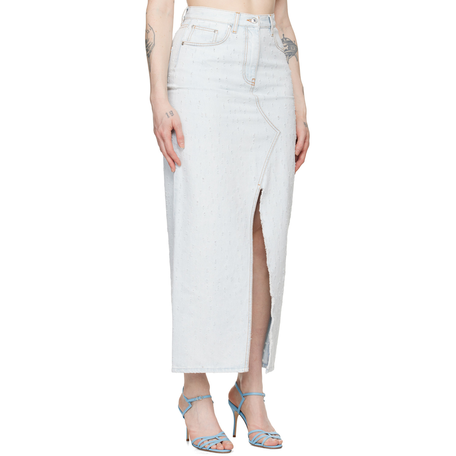  Msgm Blue Distressed Denim Maxi Skirt 