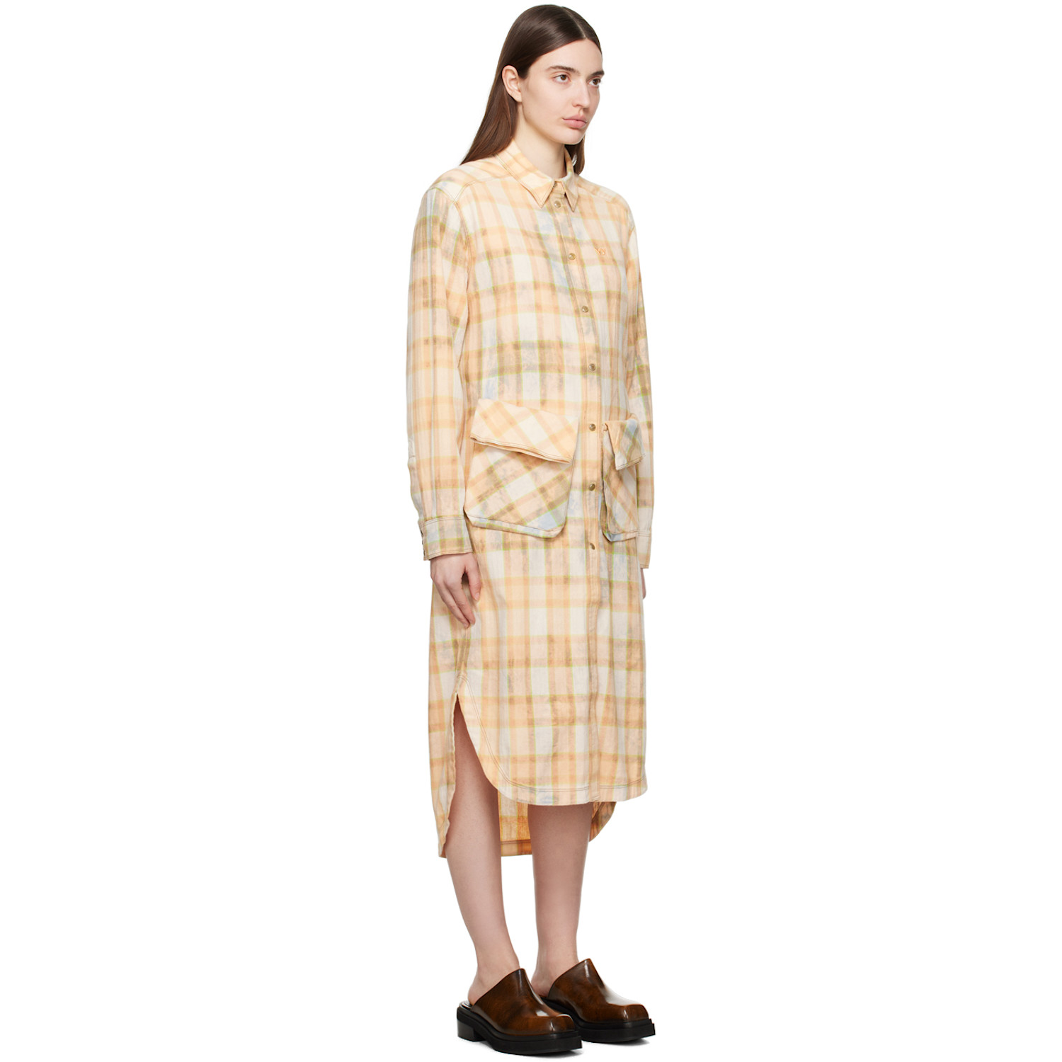  Open Yy Orange Check Midi Dress 