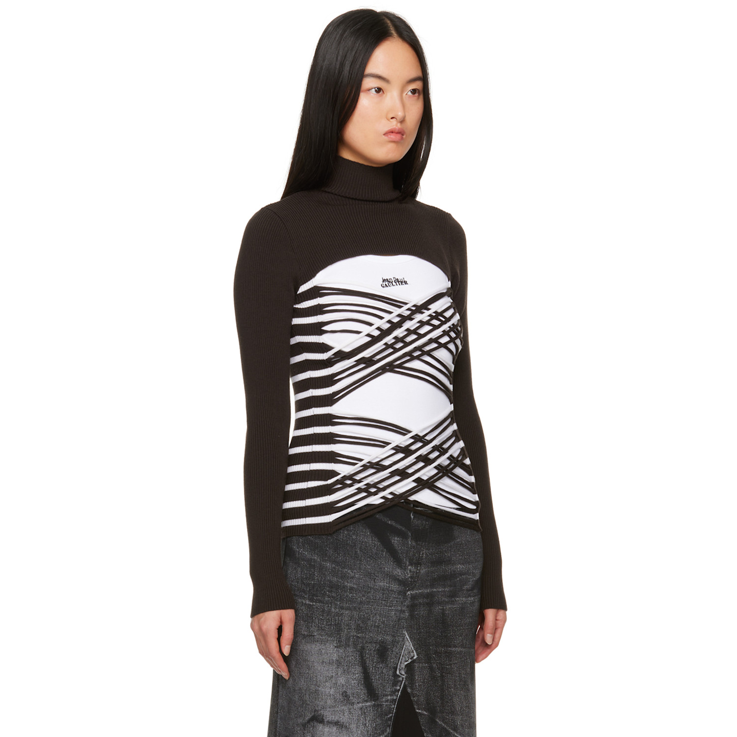  Jean Paul Gaultier Brown & White Striped Turtleneck 