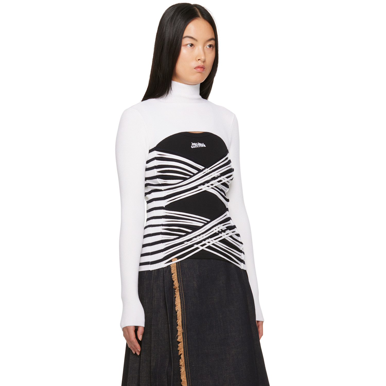  Jean Paul Gaultier White & Navy Striped Turtleneck 