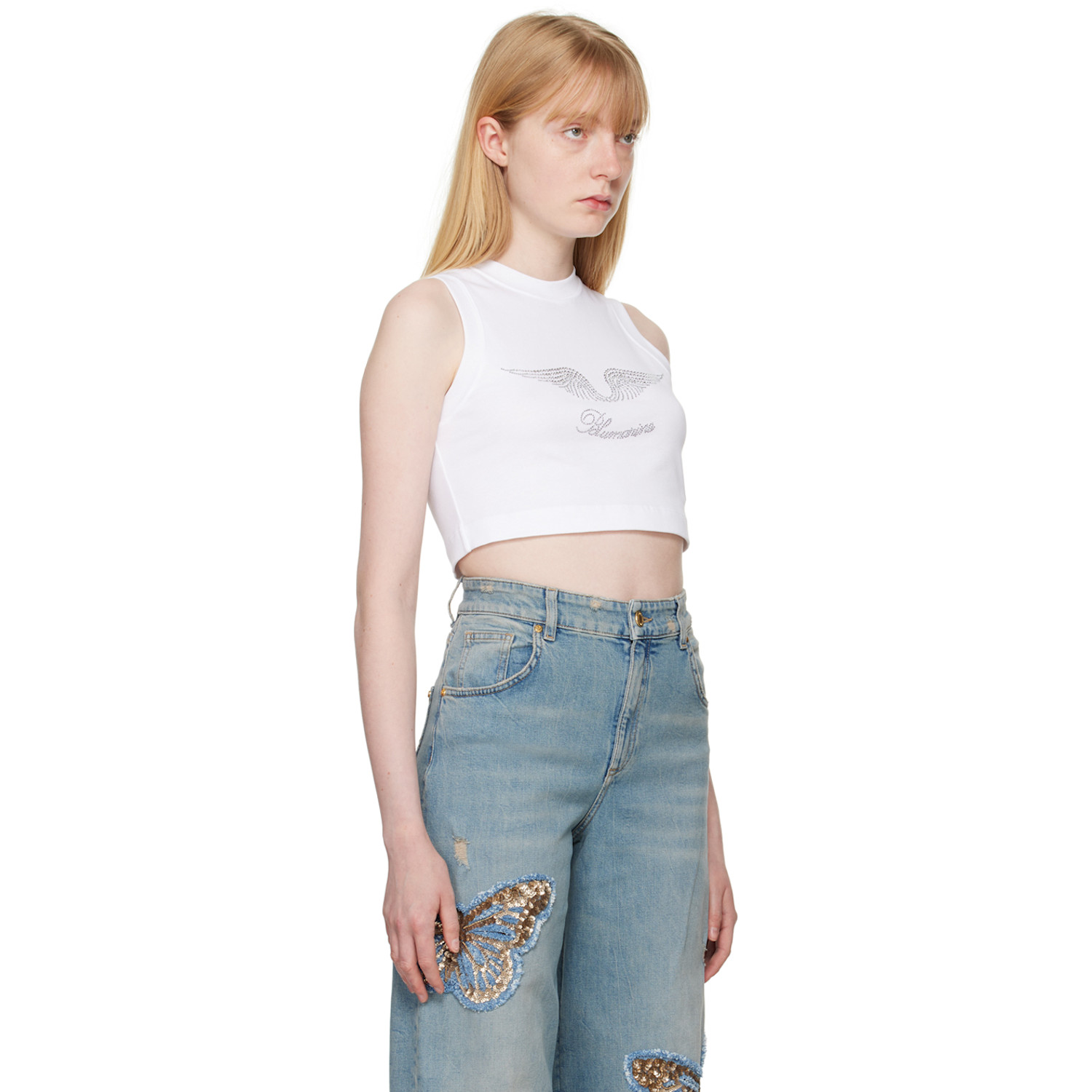  Blumarine White Crystal-cut Tank Top 