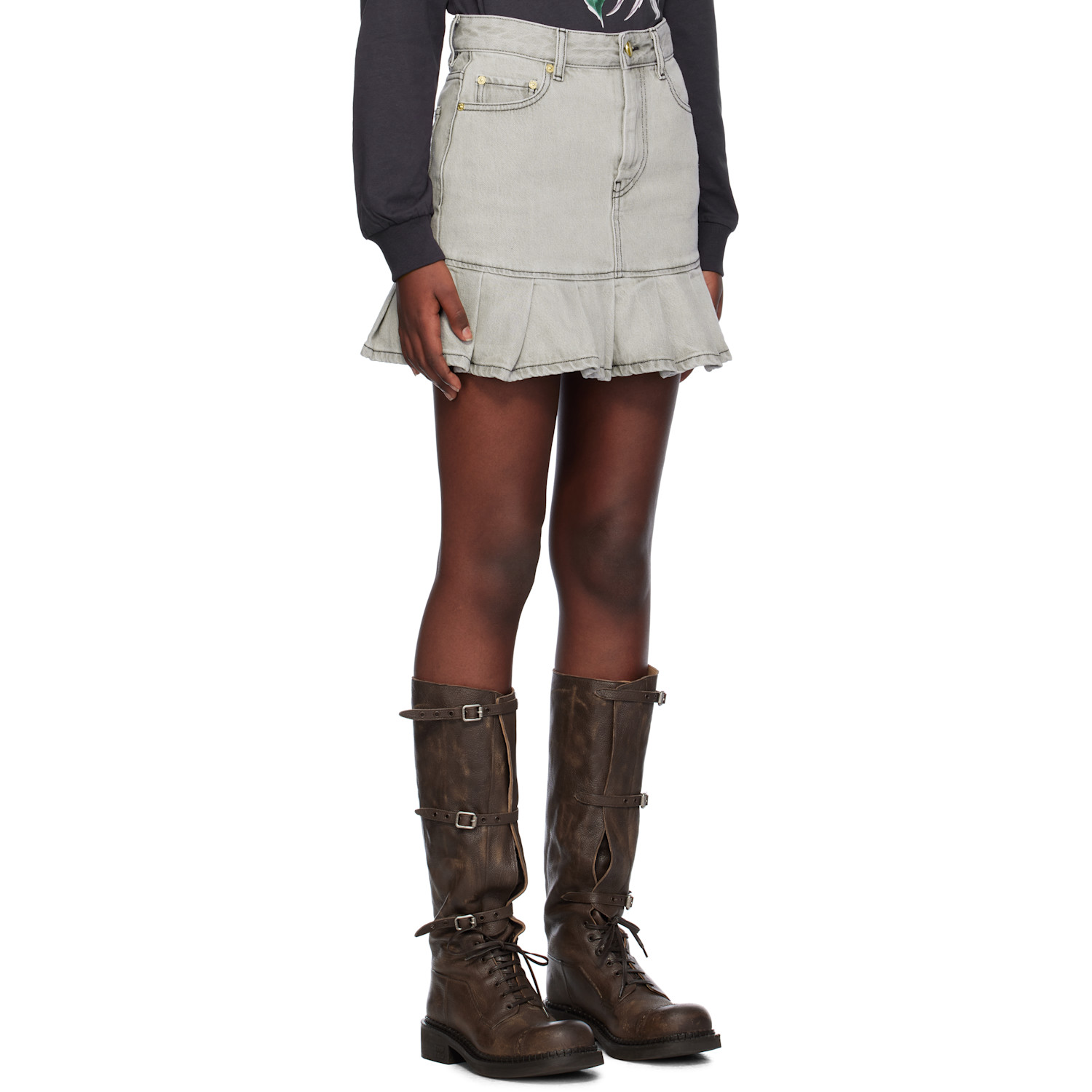  Ganni Gray Pleated Future Denim Miniskirt 