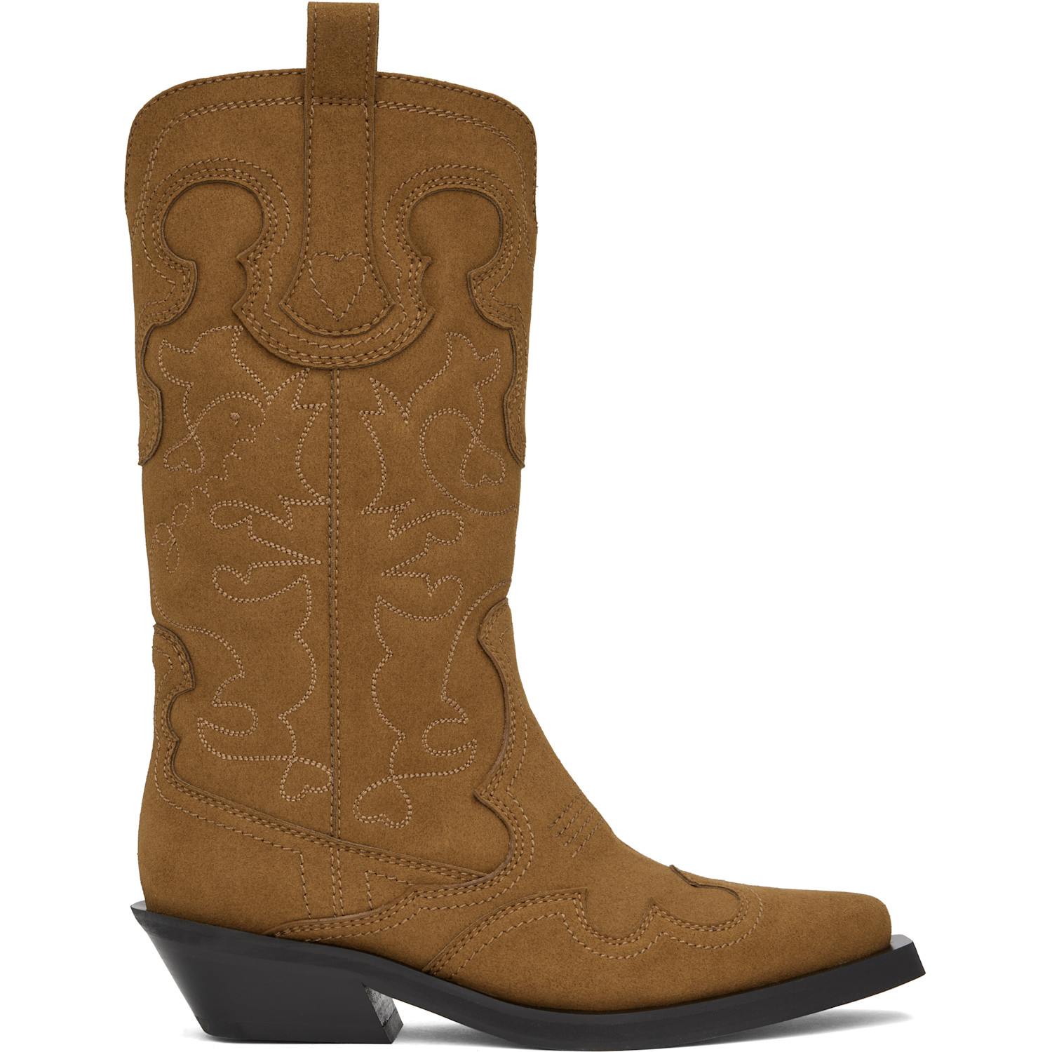 GANNI Brown Mid Shaft Embroidered Western Boots