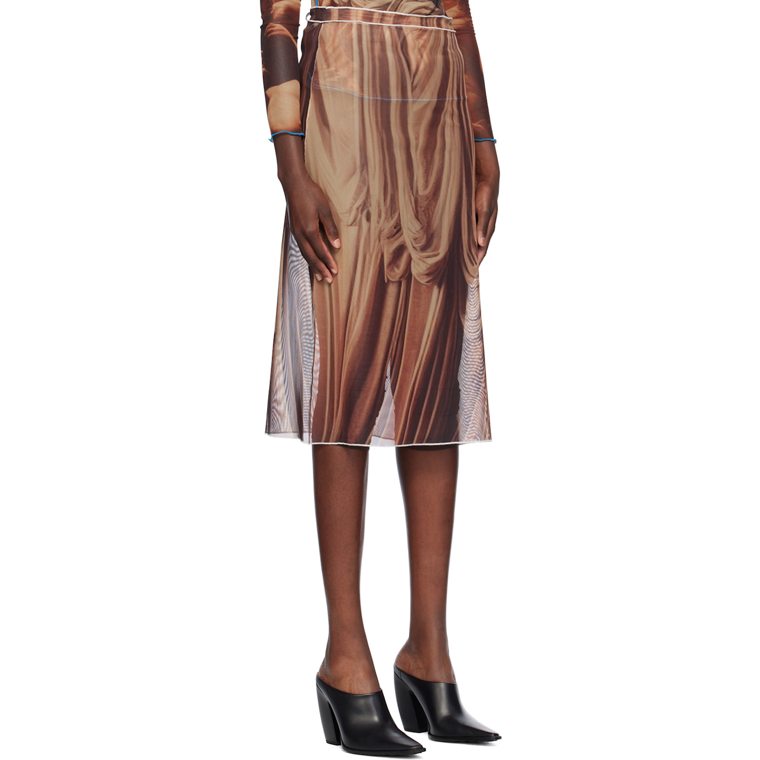  Rokh Brown Draped Printed Midi Skirt 