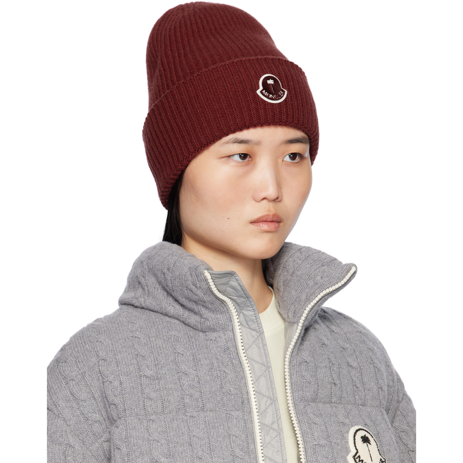  Moncler Genius Moncler X Palm Angels Burgundy Logo Beanie 