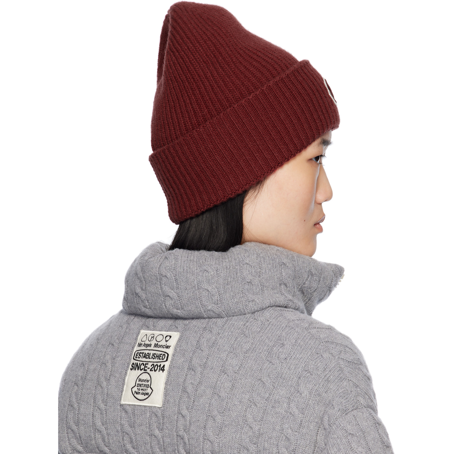  Moncler Genius Moncler X Palm Angels Burgundy Logo Beanie 