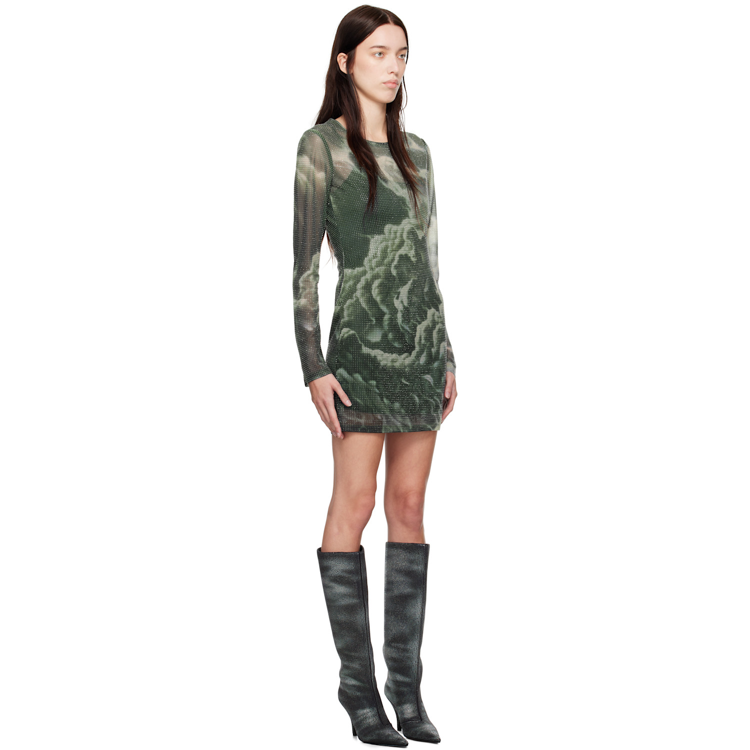  Alexander Wang Green Crystal Hotfix Cloud-print Sheer Minidress 