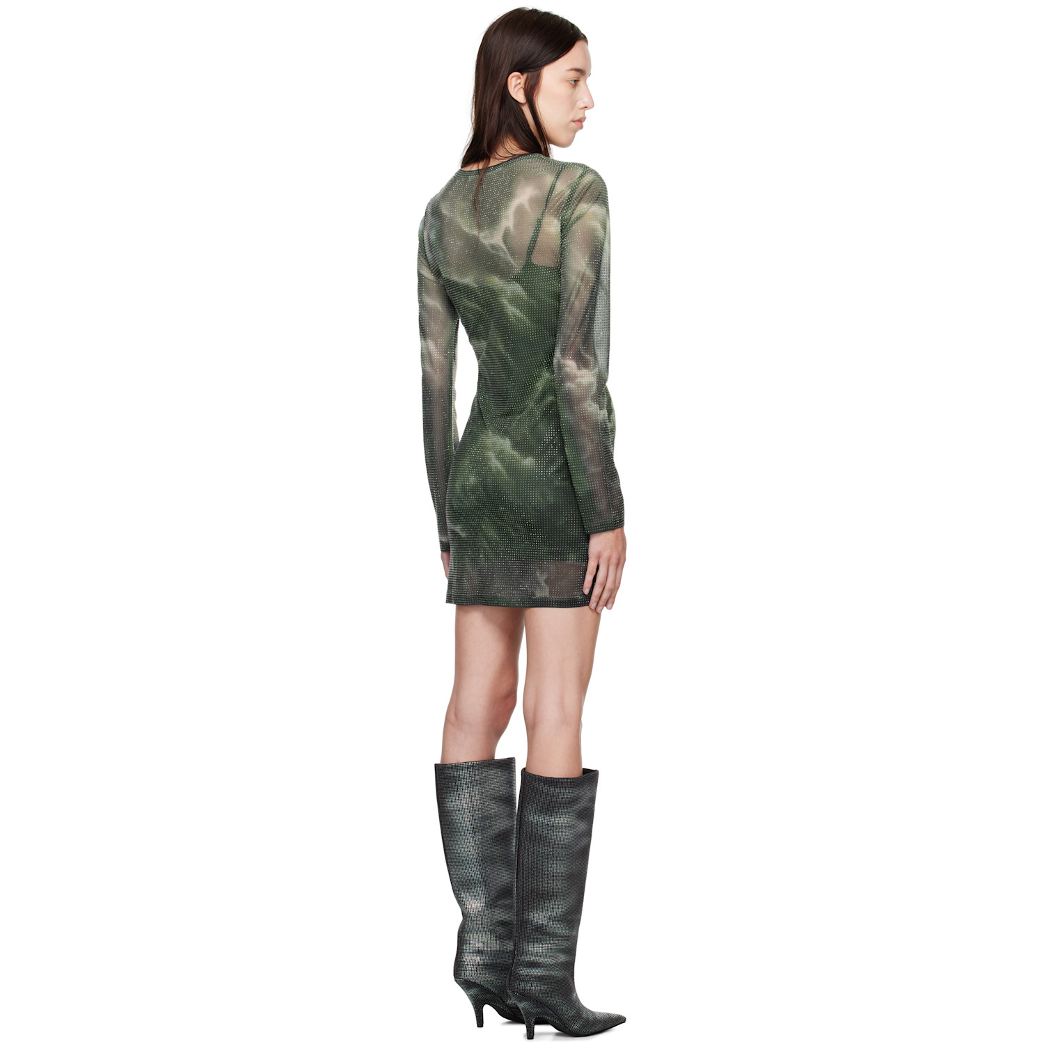  Alexander Wang Green Crystal Hotfix Cloud-print Sheer Minidress 
