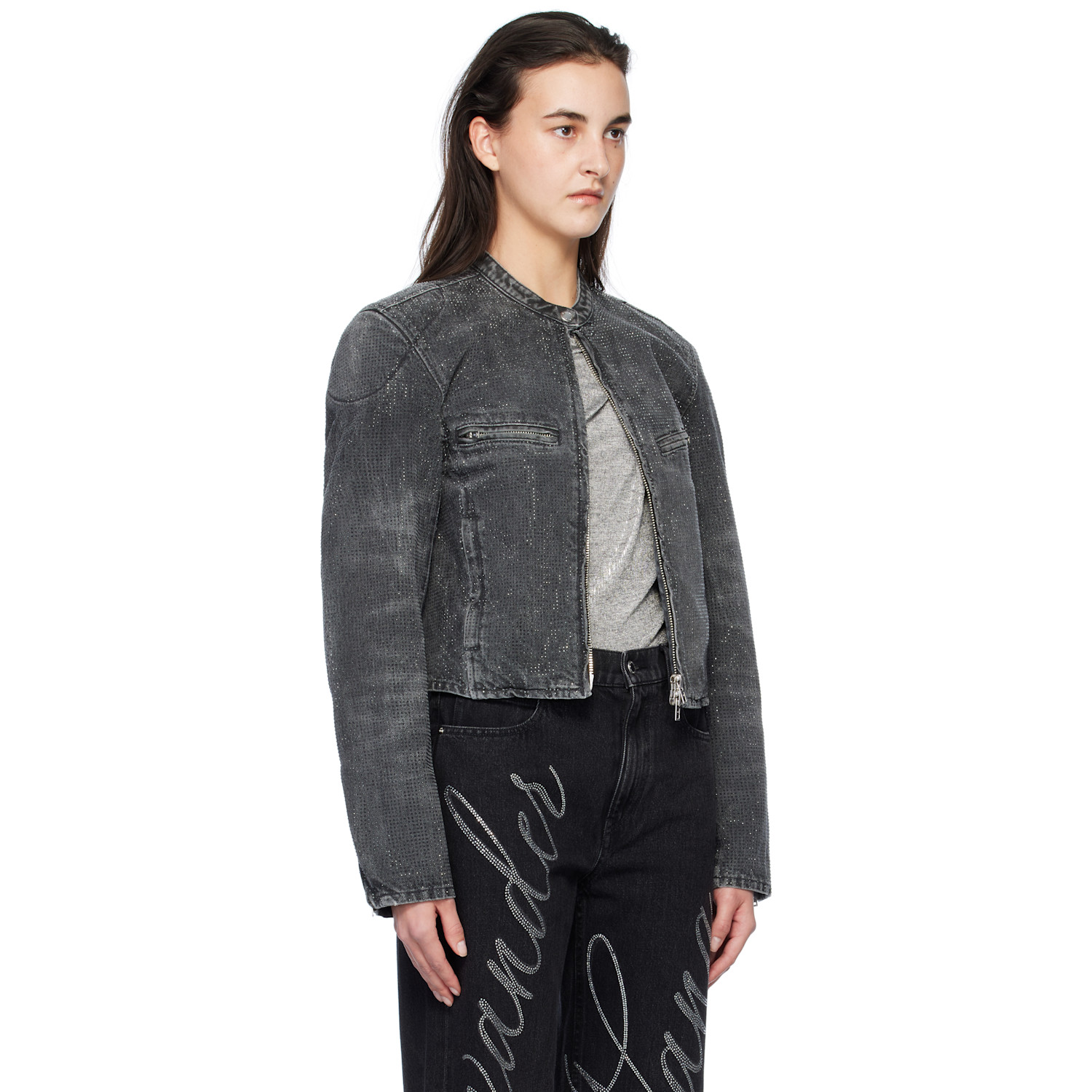  Alexander Wang Gray Crystal Hotfix Moto Denim Jacket 