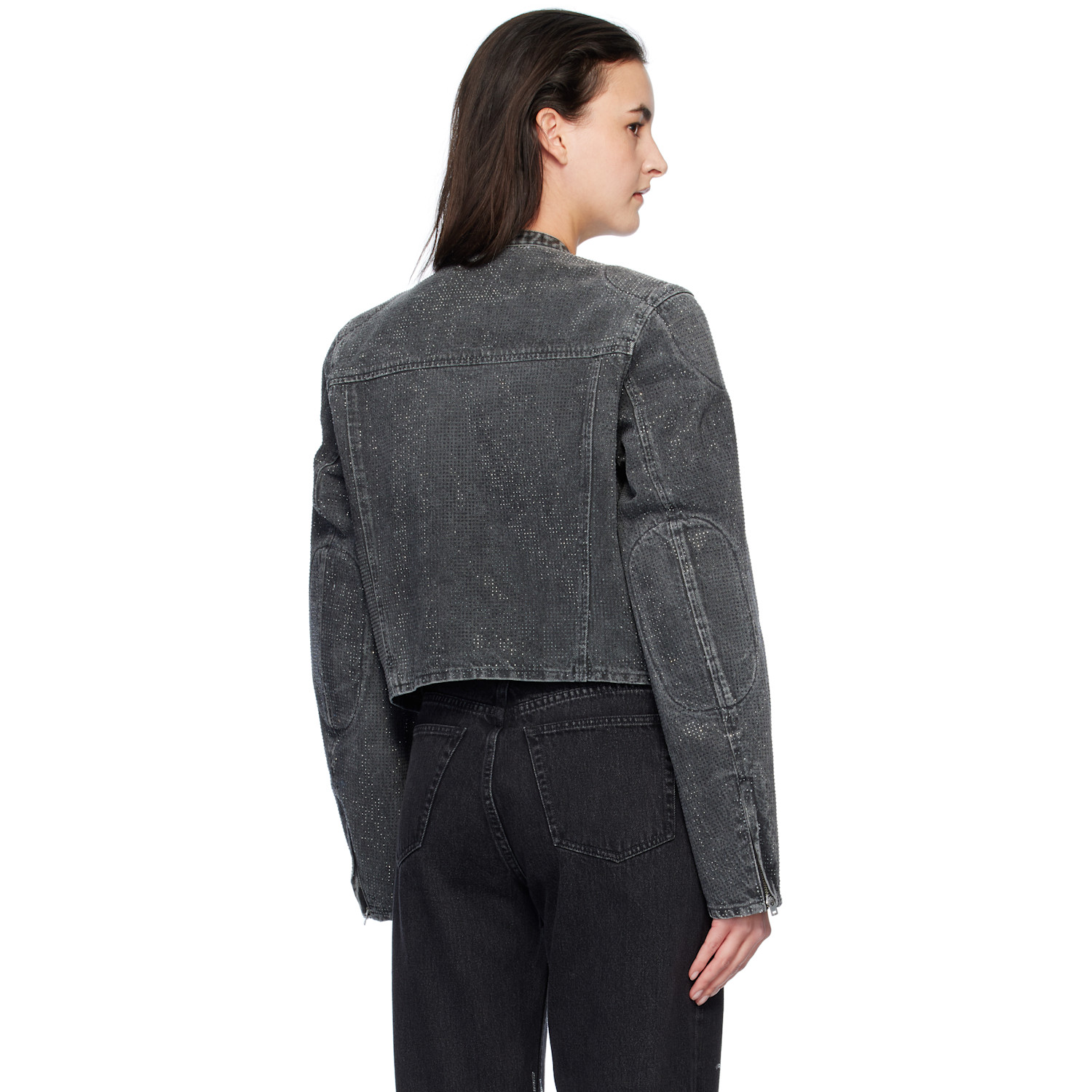  Alexander Wang Gray Crystal Hotfix Moto Denim Jacket 