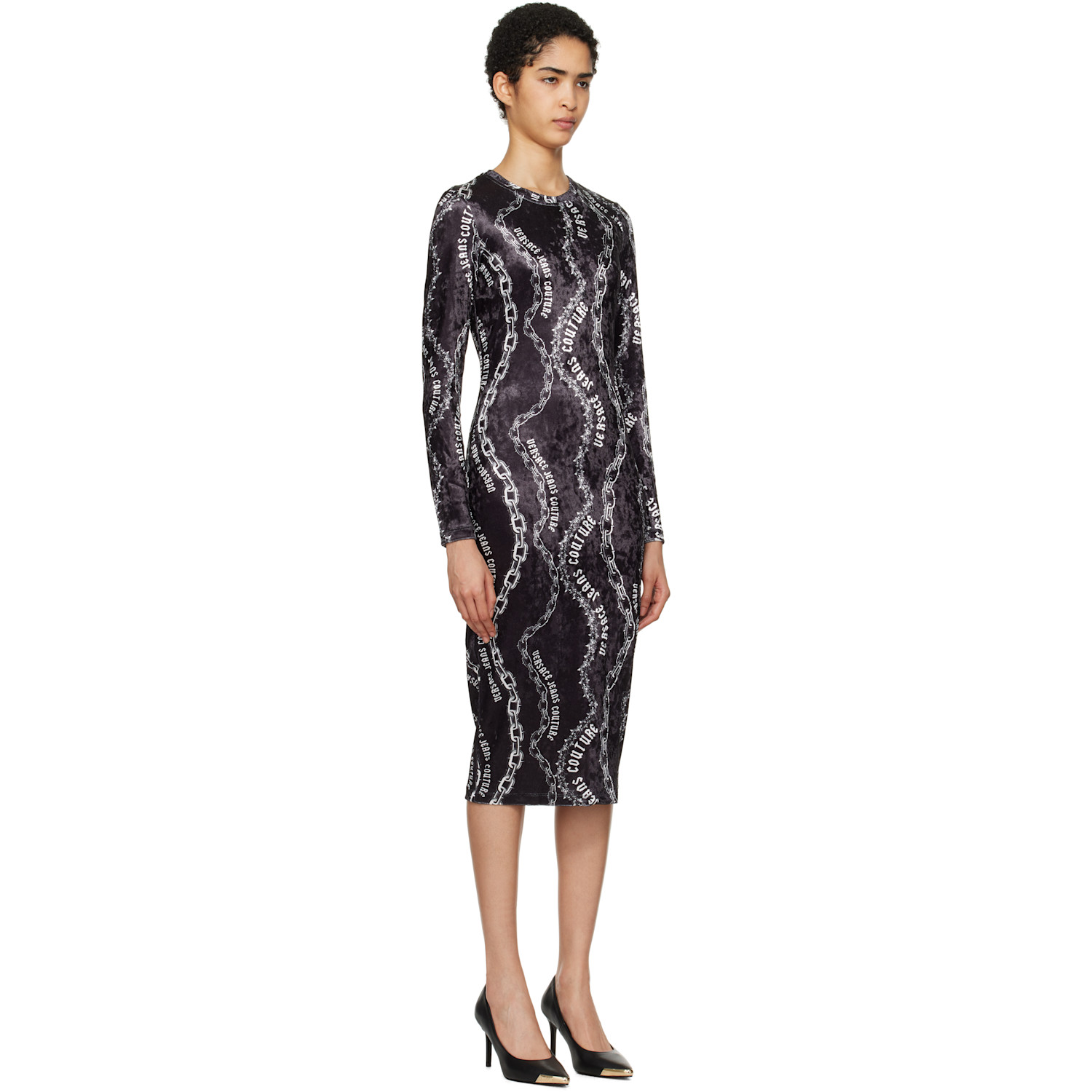  Versace Jeans Couture Black Chain Couture Velvet Midi Dress 