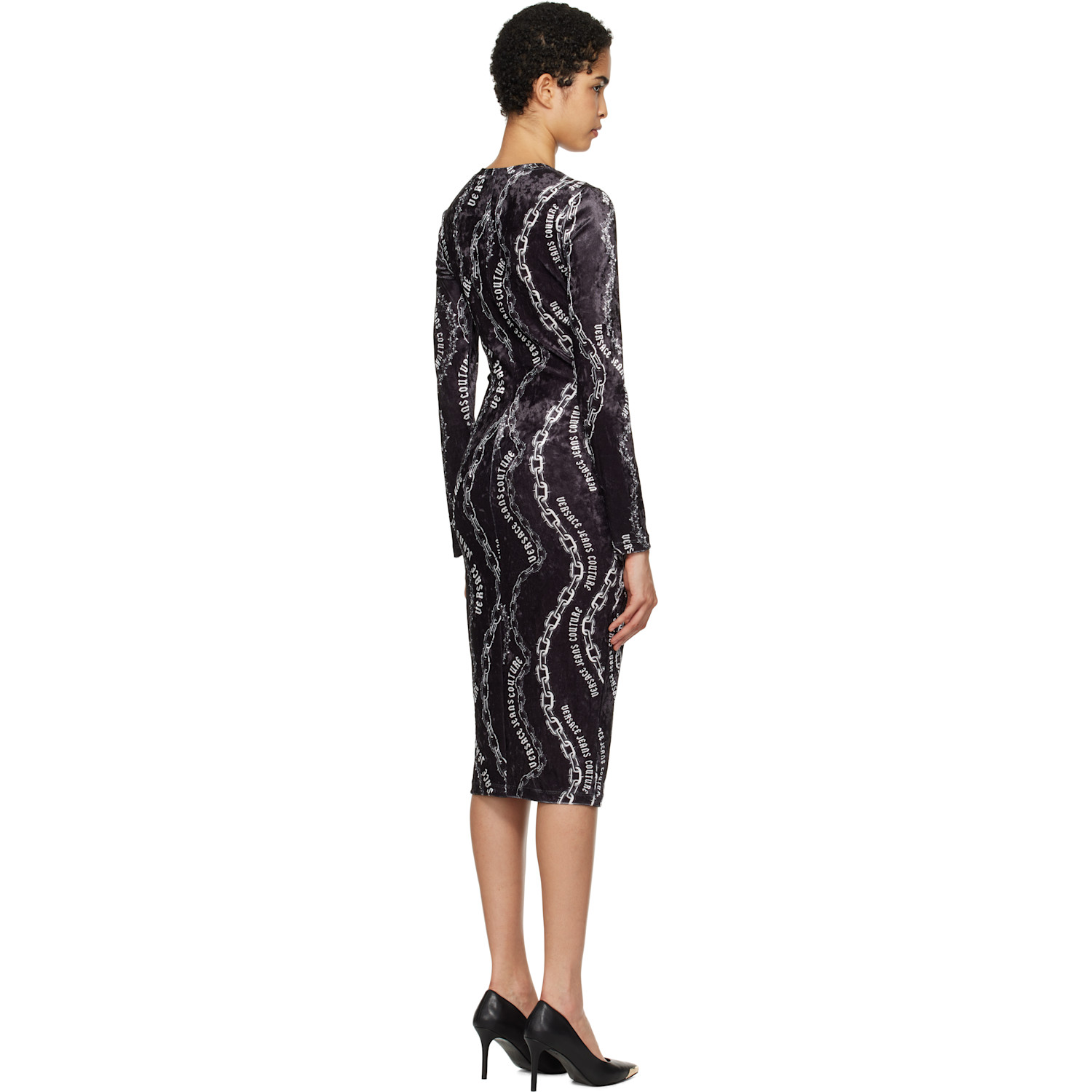  Versace Jeans Couture Black Chain Couture Velvet Midi Dress 