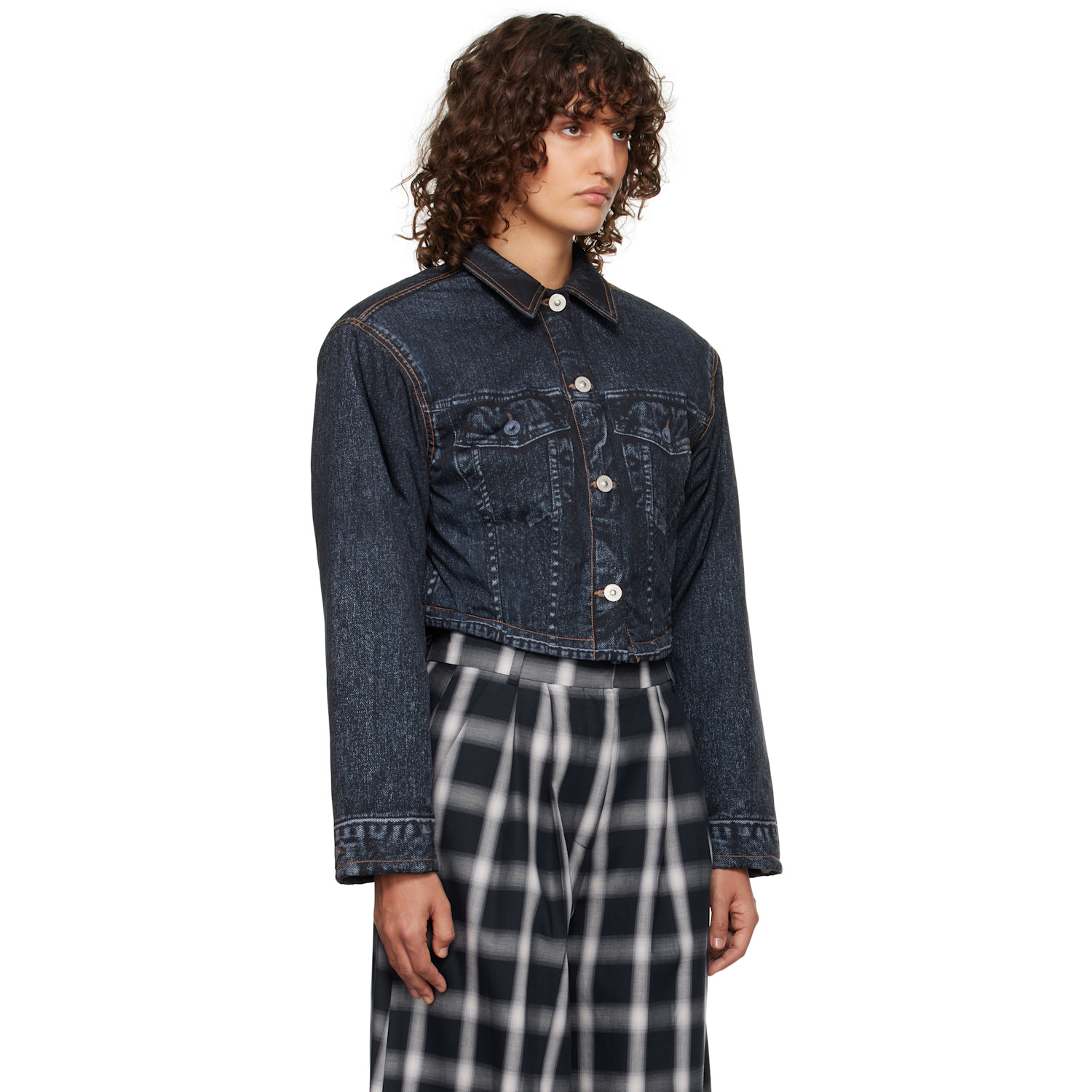  Pushbutton Black Denim Print Cropped Jacket 