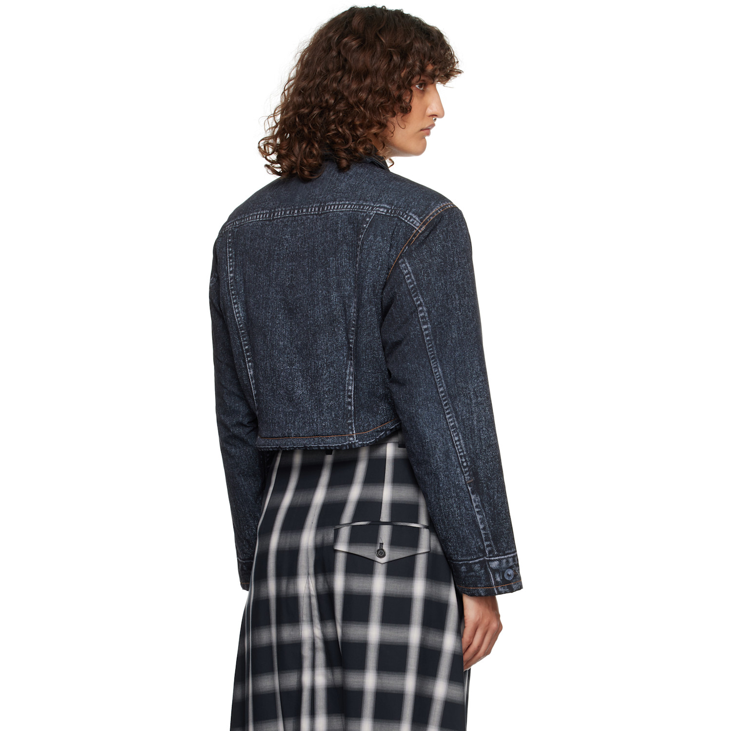  Pushbutton Black Denim Print Cropped Jacket 
