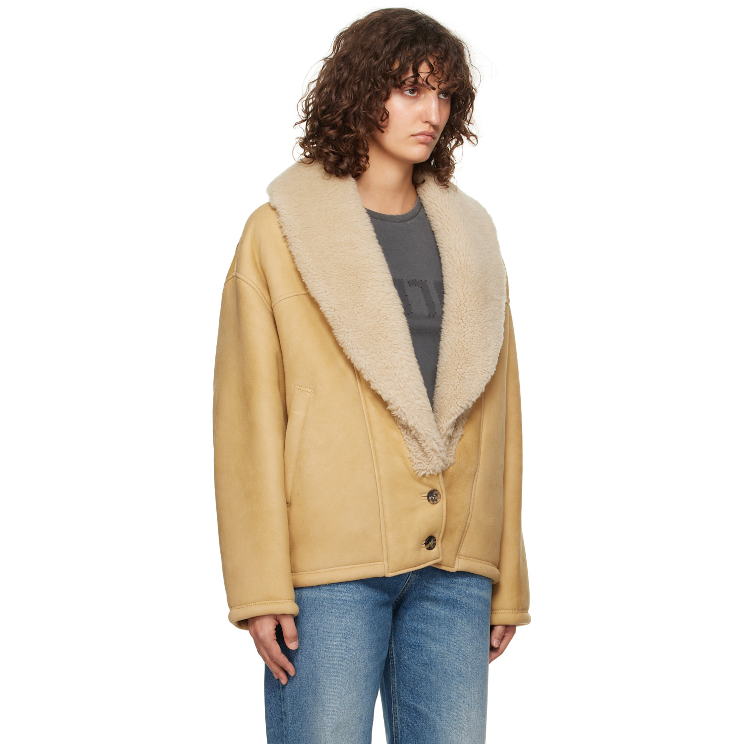 Golden Goose Tan Shawl Collar Shearling Jacket 