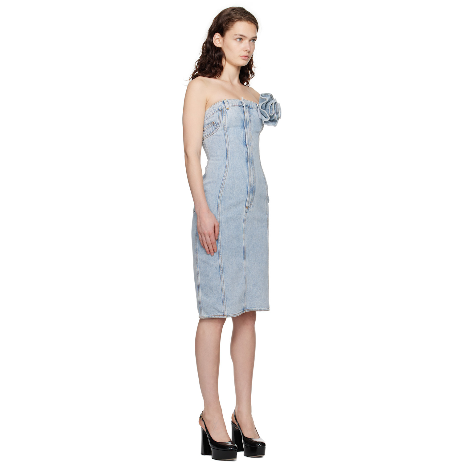  Area Blue Flower Corsage Strapless Denim Midi Dress 