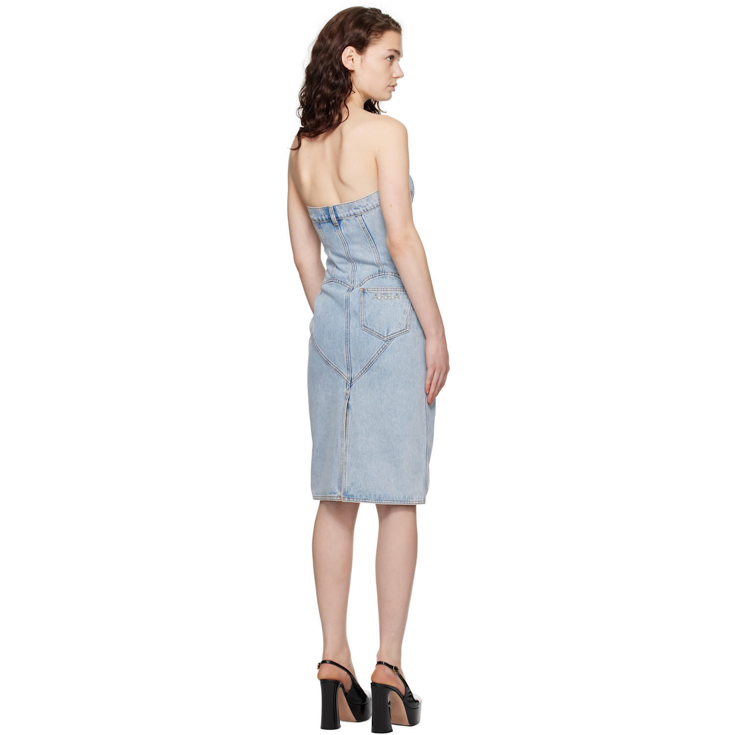  Area Blue Flower Corsage Strapless Denim Midi Dress 