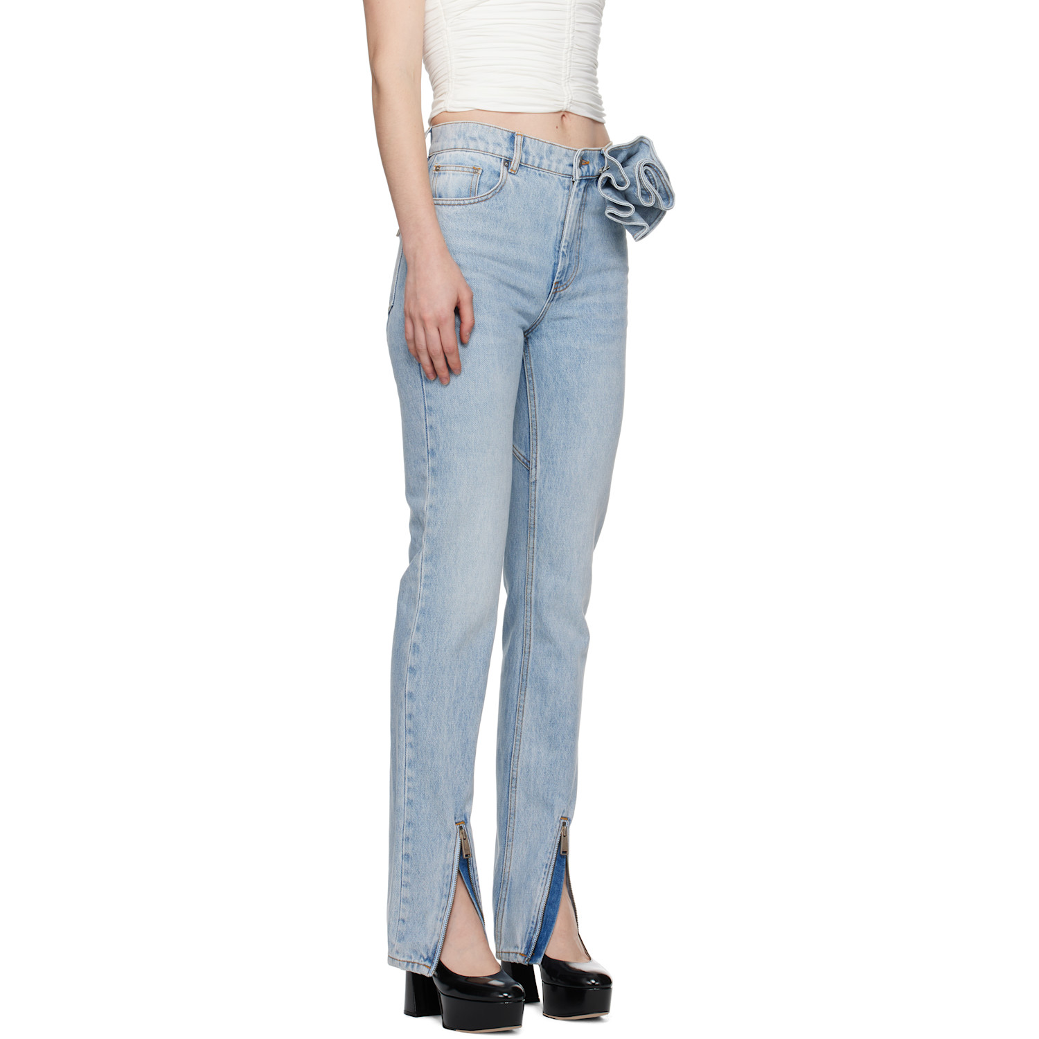  Area Blue Flower Corsage Ankle Zip Jeans 
