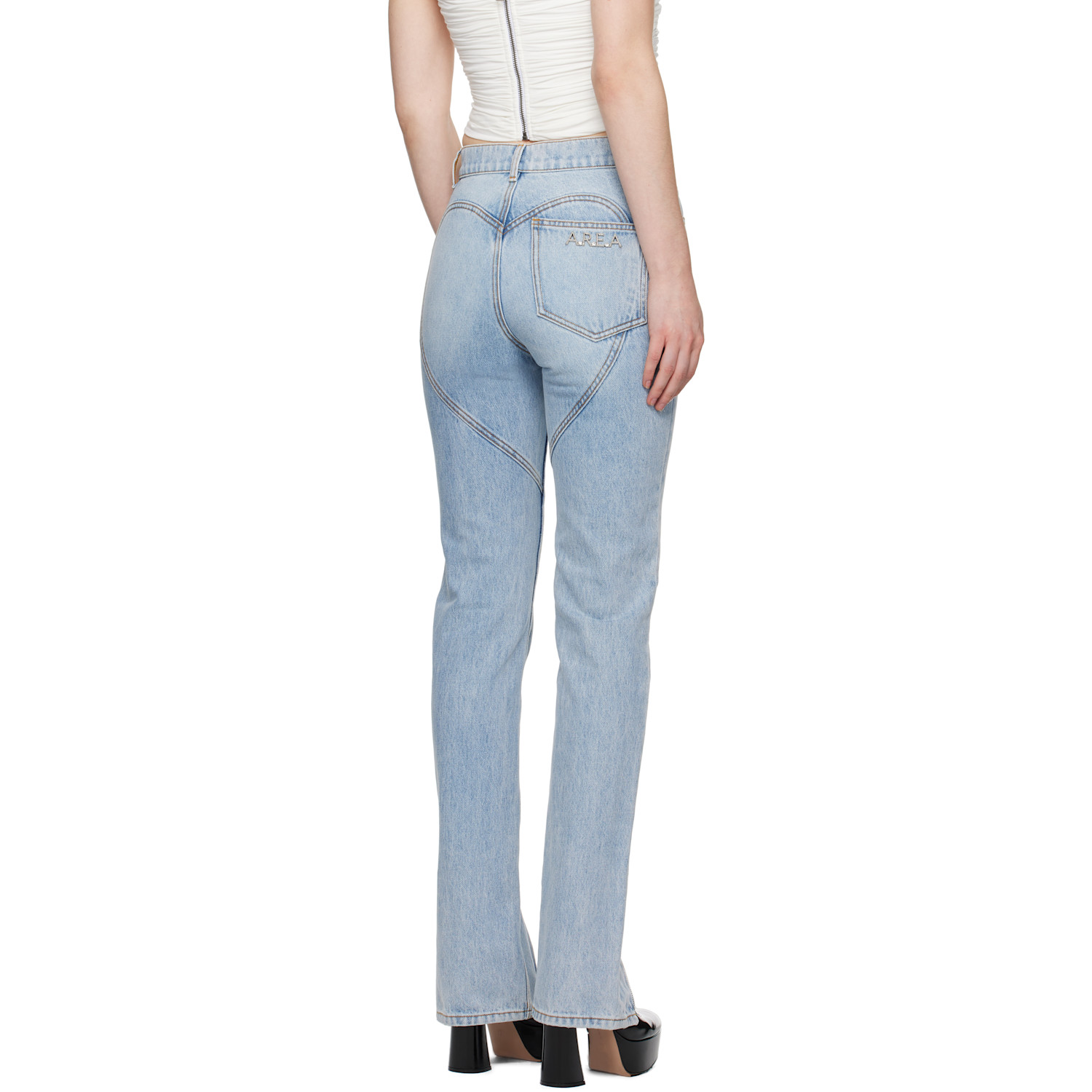  Area Blue Flower Corsage Ankle Zip Jeans 