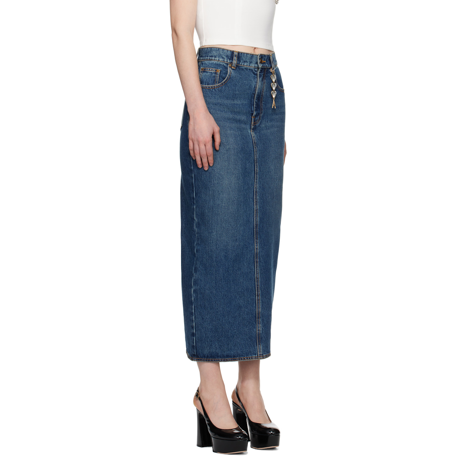  Area Blue Zip Slit Denim Midi Skirt 