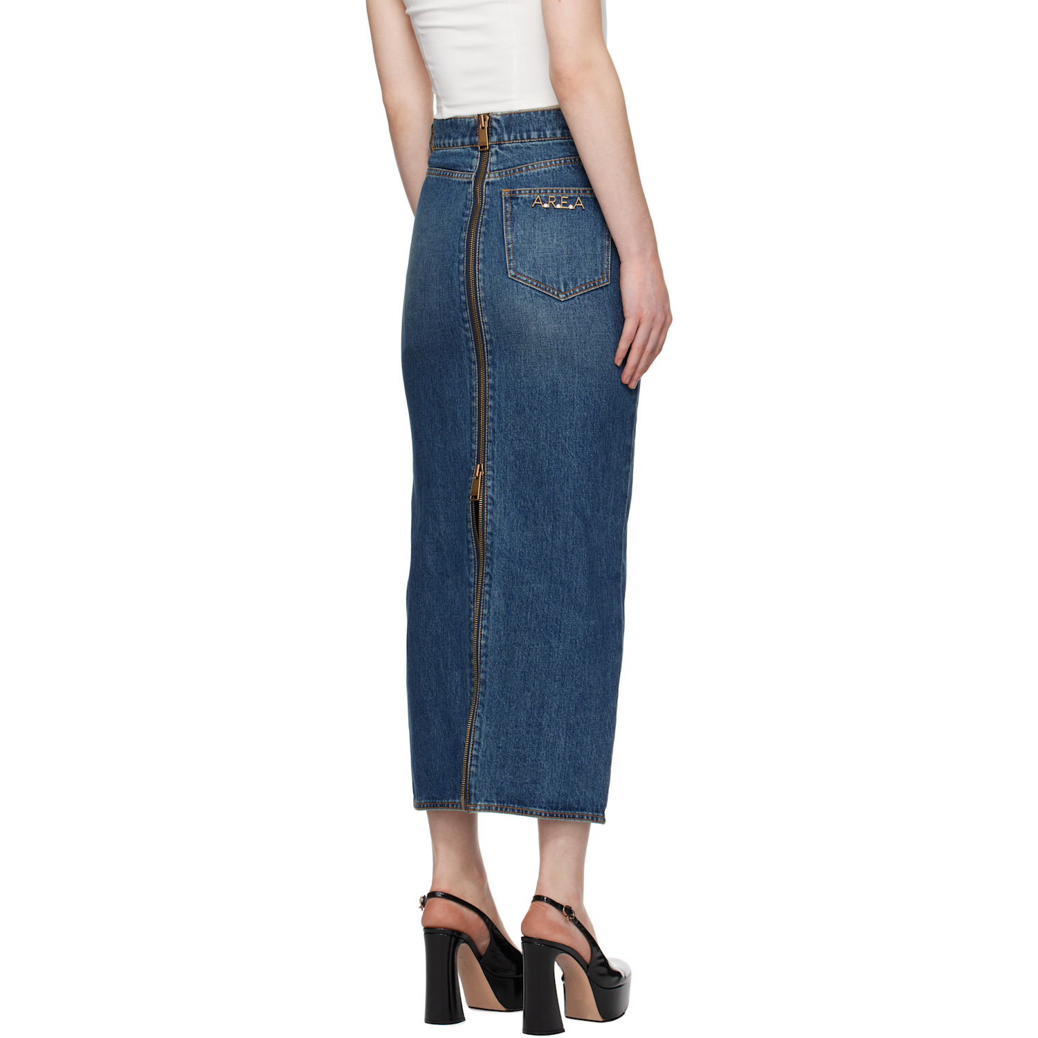  Area Blue Zip Slit Denim Midi Skirt 