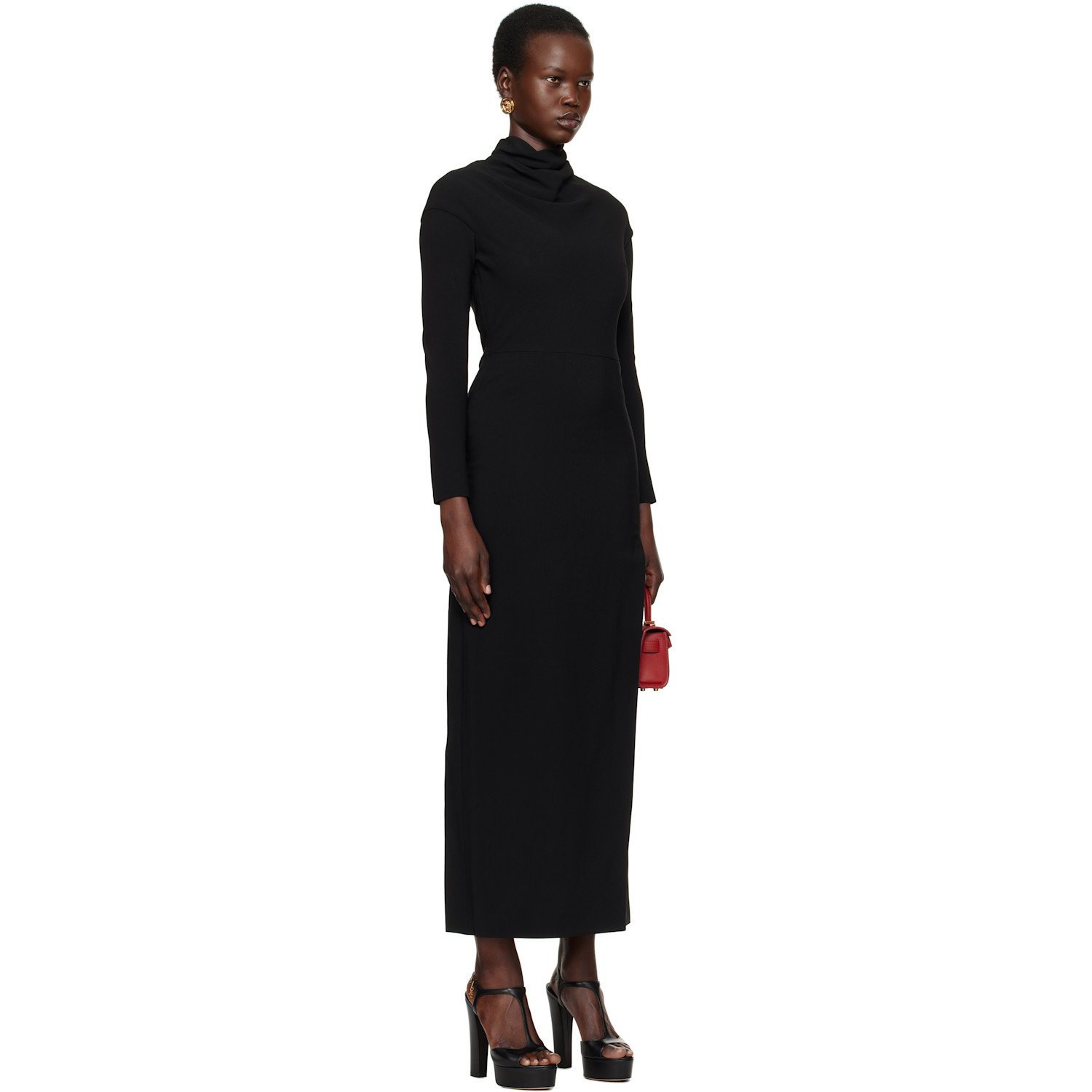  Versace Black Cady Draped-neck Slit Maxi Dress 