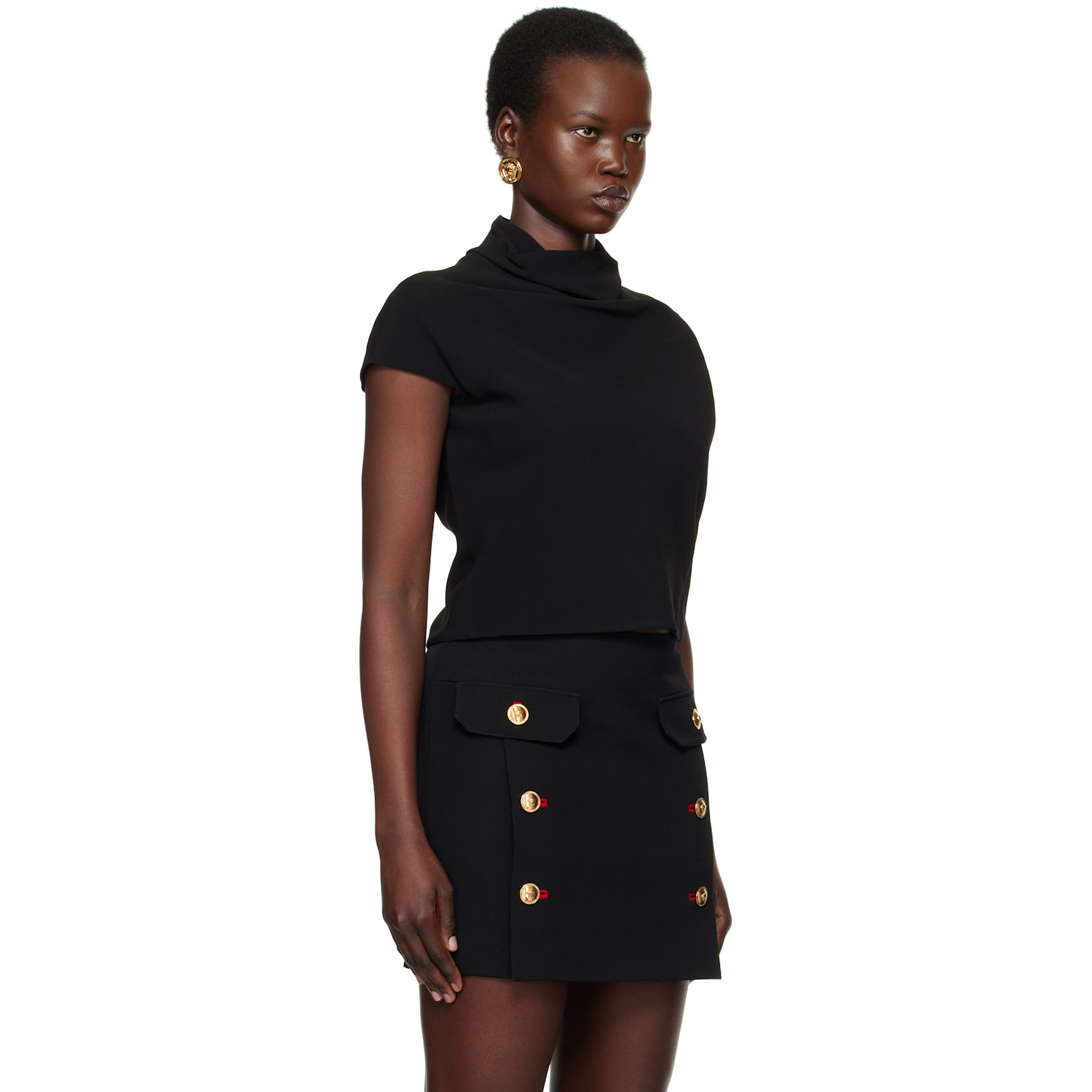  Versace Black Cady Draped-neck Top 