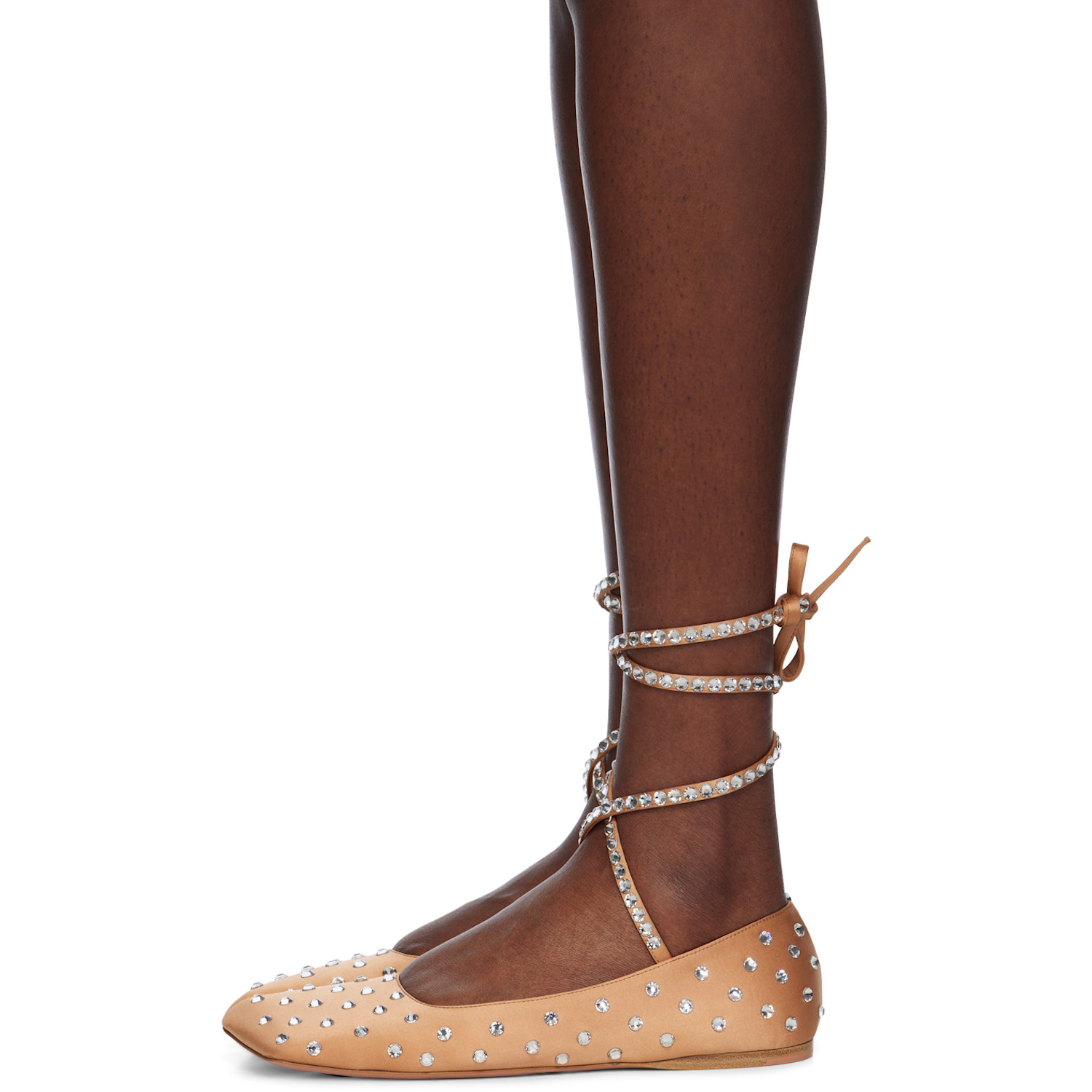  Amina Muaddi Beige Ane Crystal Lace Up Ballerina Flats 