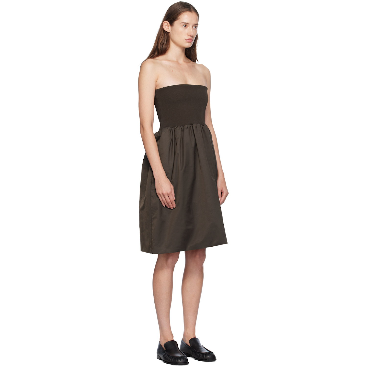  Amomento Brown Shirring Flare Midi Skirt 